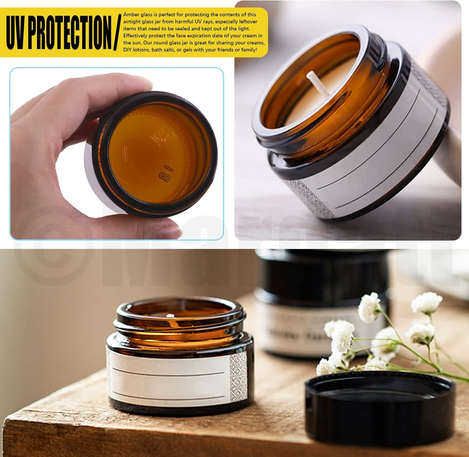 15PCS round Amber Glass Jars, 1/1.7/2 OZ Mason Jar Amber Cosmetic Containers with Spoons and Black Lids, Glass Candle Jars for Storing Lip and Cream Lotion image number 5