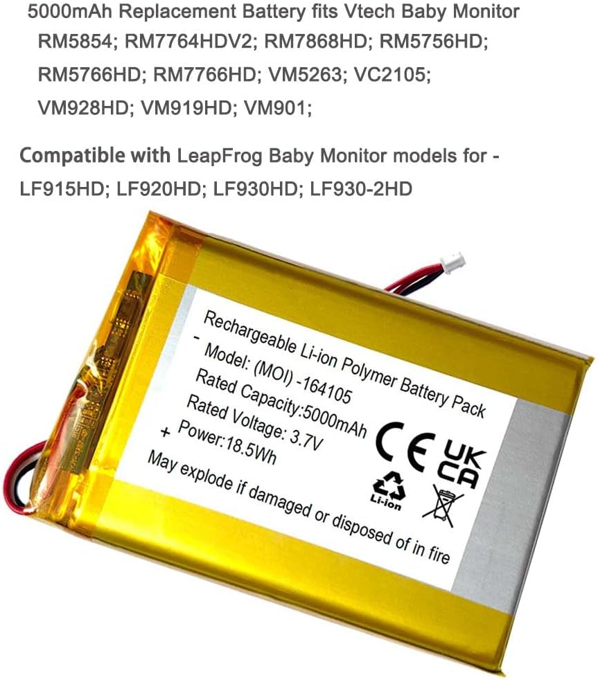 5000Mah Battery Replacement for Vtech RM7764HDV2, RM5854HD, RM7766HD,VM5263, VC2105, RM7868 2HD, VM928HD, VM901, RM5766HD, VM919HD, Leapfrog LF915, LF920, LF930 HD Video Baby Monitor image number 3