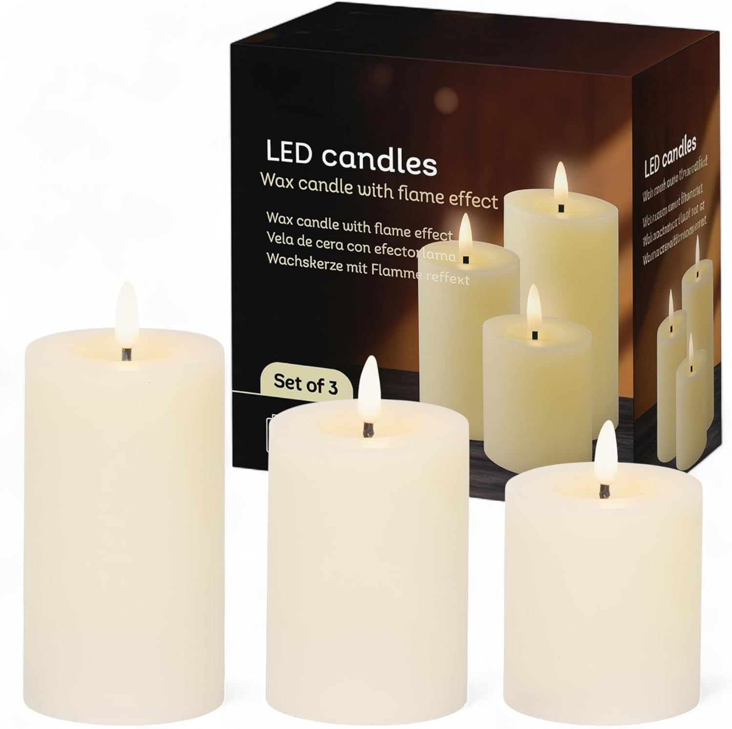 MIJOMA LED Candles Set of 3 Real Wax with Flame Effect - Warm White Light, Battery Operated Diameter 7 Cm, Heights 10/13/15 Cm - Safe Decorative Candles for Cosy Atmosphere Indoor image number 6
