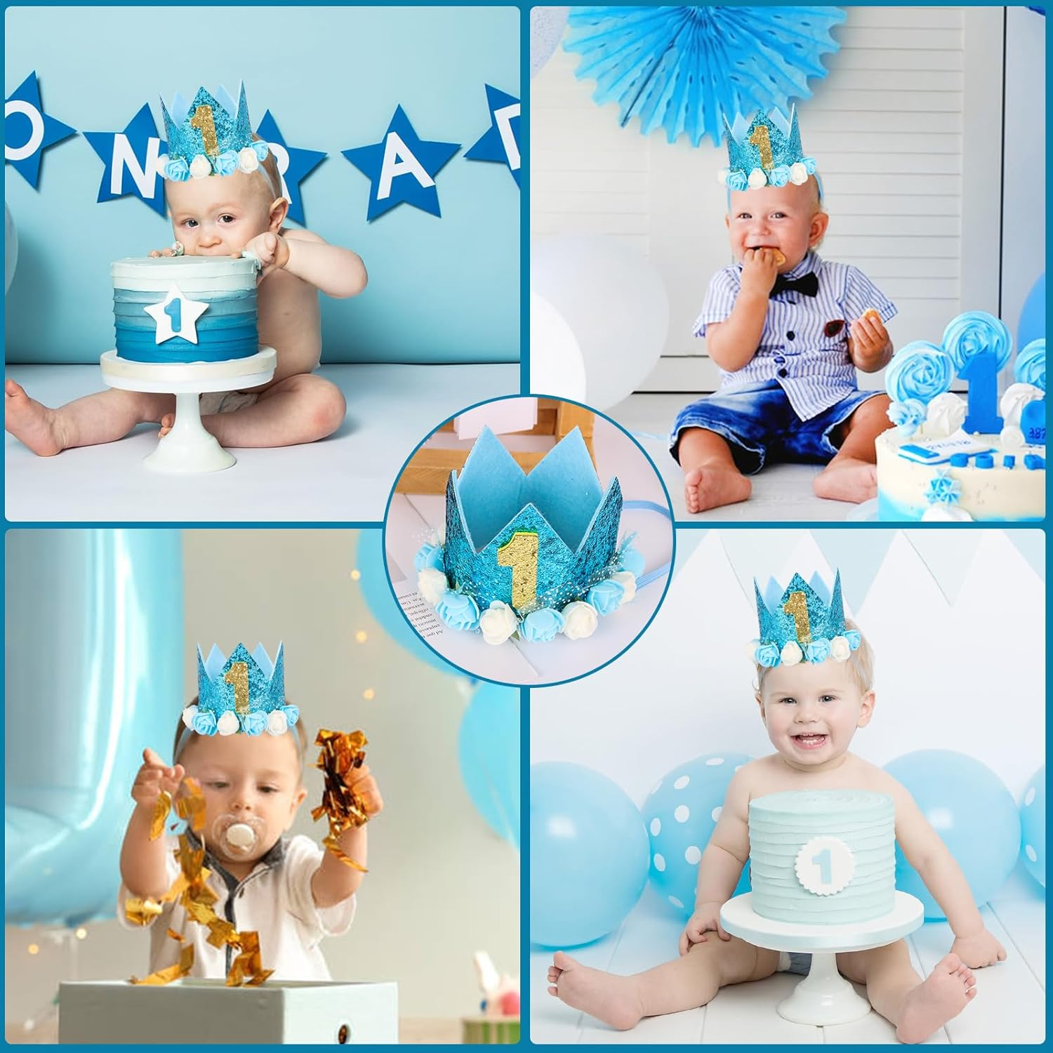Kufaerbeam First Birthday Crown Hat and Birthday Flag for Baby Girls, 1St Birthday Crown Hat Decorations with Cute Floral, Headband Gift Photo Prop 1St Birthday Party Supplies for Baby