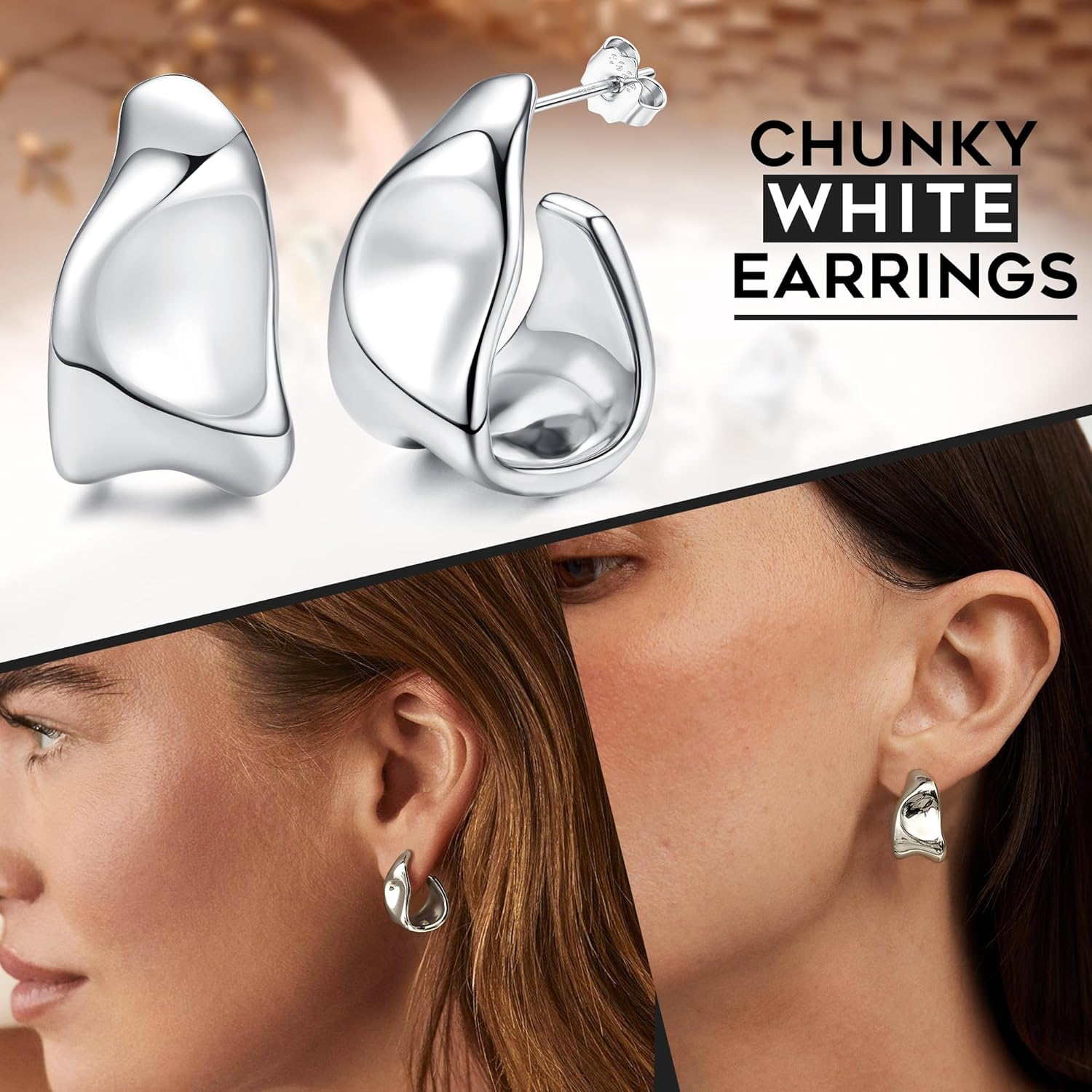 Sanfenly Chunky Gold Earrings for Women - 925 Sterling Silver Hoops, 14K Gold Plated Studs, Hypoallergenic Open Huggie Teardrops, Statement Studs, Metallic Gold Silver Hoops