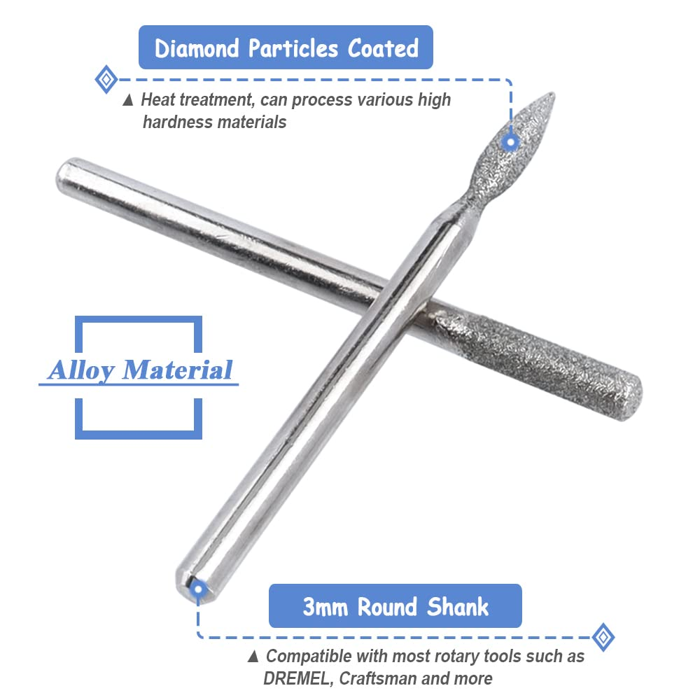 Bestgle 30 Pcs Diamond Burr Assortment Kit, 3Mm round Shank Diamond Coated Burrs Deburring Engraving Carving Drills Bits for Rotary Tool Accessories