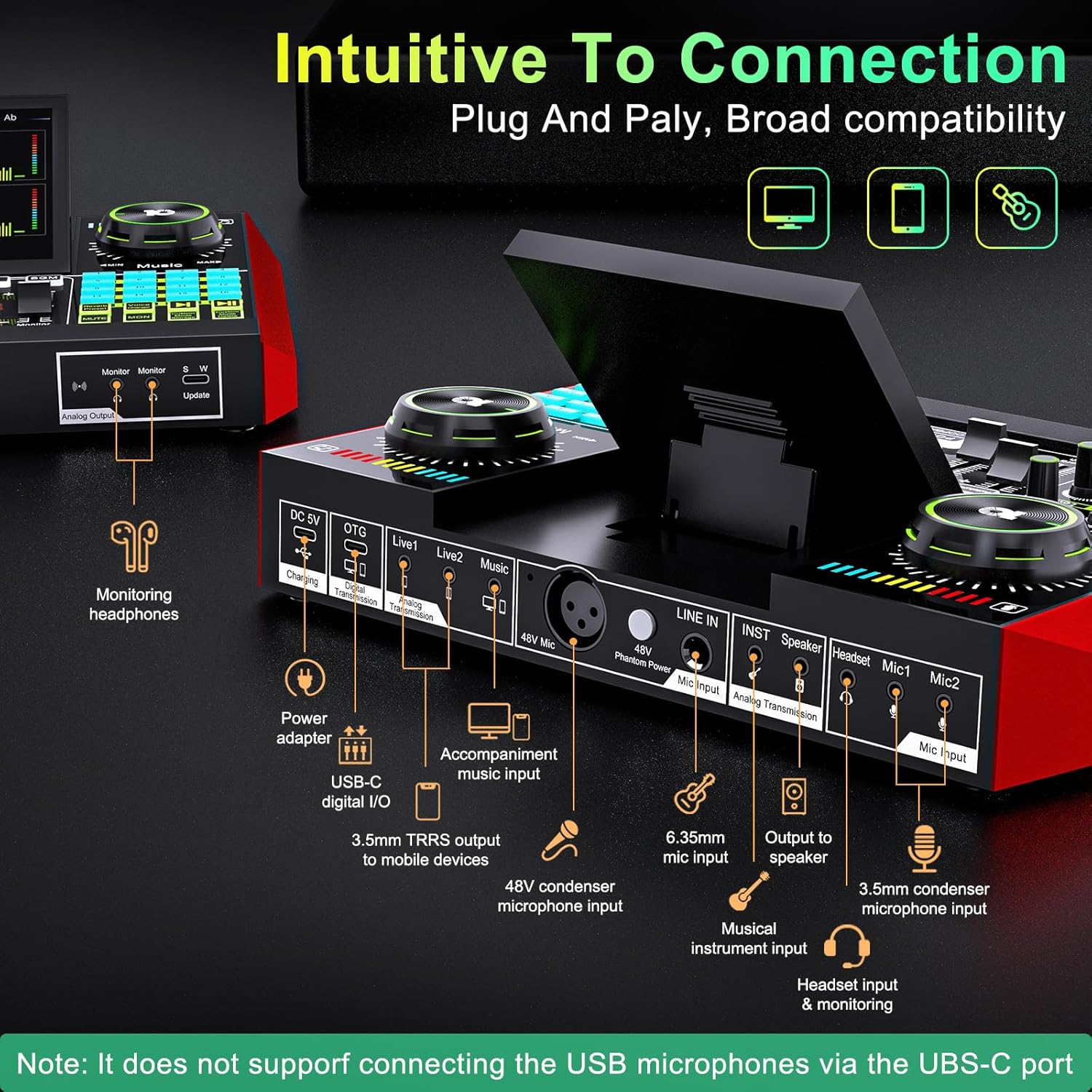 Tenlamp G10 Gaming Audio Mixer, Audio Interface with 3.5Mm/Xlr Microphone Input, 48V Phantom Power, Voice Changer Live Sound Card for Streaming, Podcasting, Recording, and Singing Content Creation image number 2