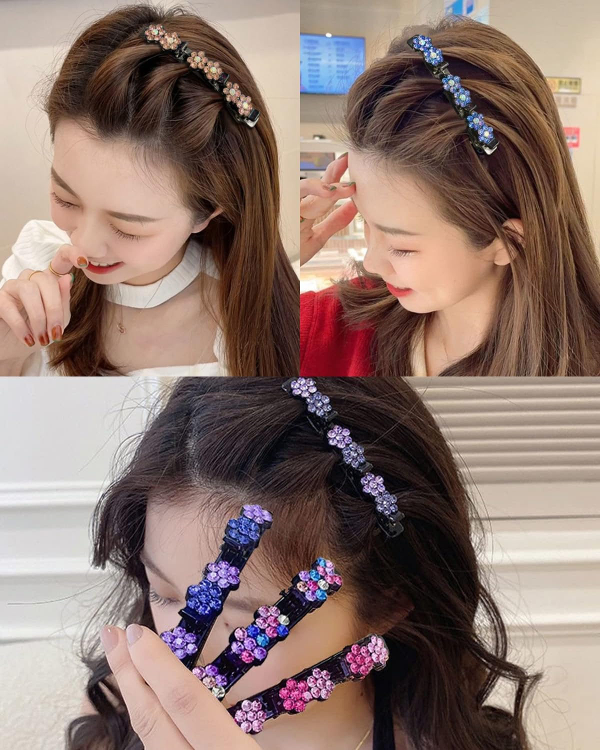 BPTRKOM Pack of 4 Glittering Crystal Stone Braided Hair Clips with Crystal Flower, Elegant Hair Styling Clips, Butterfly Hair Clips, Hair Accessories for Women image number 5