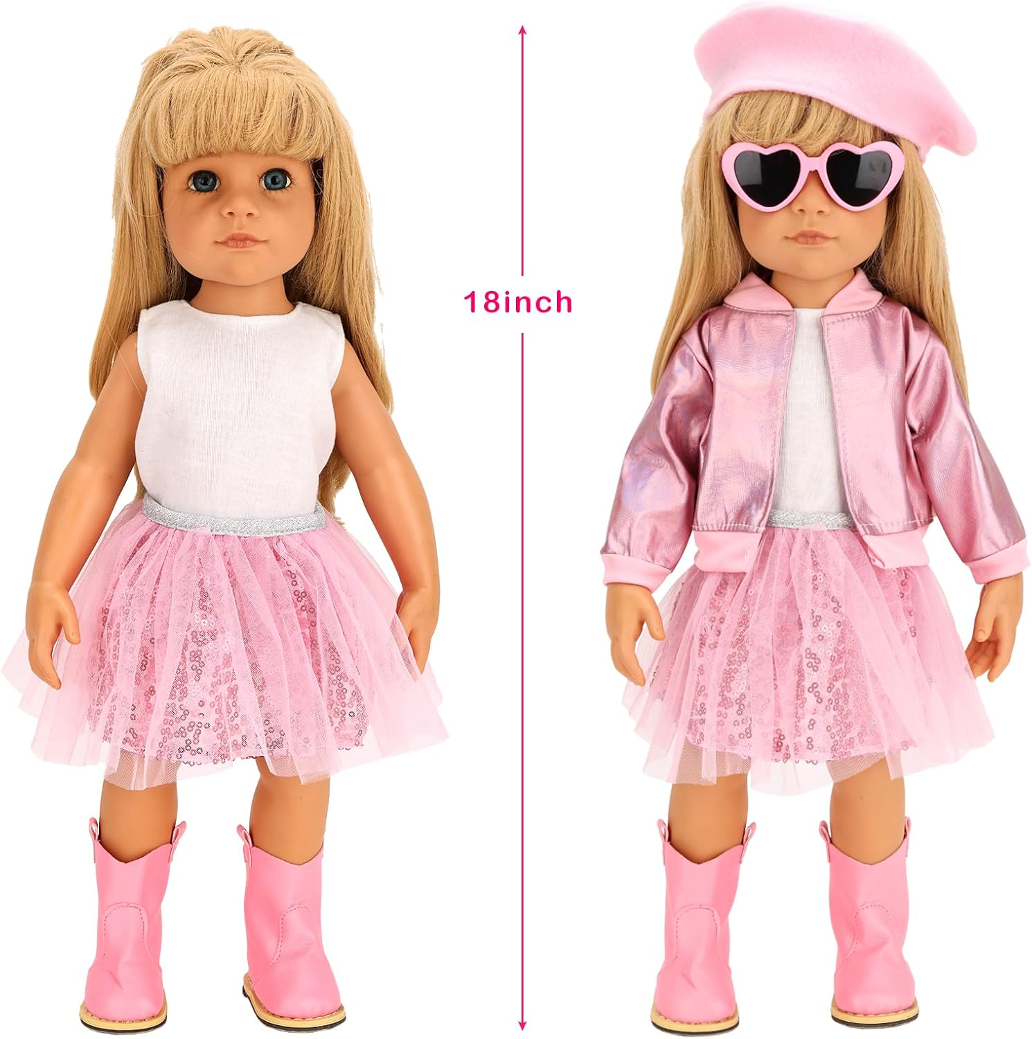Barwa 11 Pcs American 18 Inch Girl Doll Clothes & Accessories Include Beret T-Shirt Jacket Skirt Boots Phone Doll Makeup Playset Eye Shadow Lipstic for 18 Inch Girl Dolls (NO Dolls) image number 2