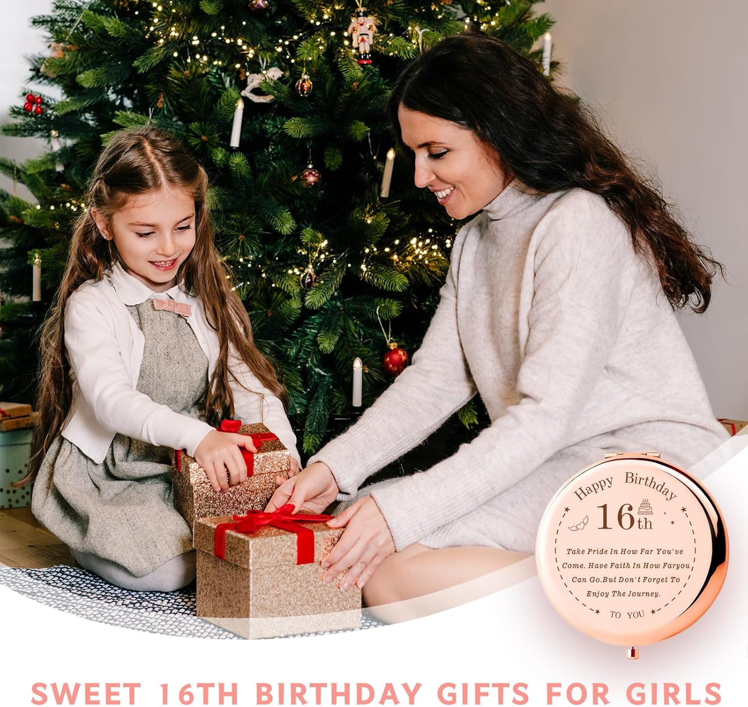 16Th Birthday Compact Makeup Mirror, Sweet 16 Design, Tabletop Mount, 7.2L X 6.5W Cm image number 1