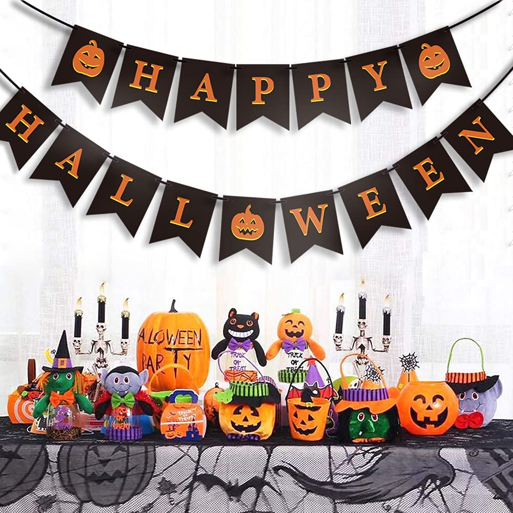 GEGEWOO Black HAPPY HALLOWEEN Banner Bunting with Pumpkin Sign Outdoor Indoor Home Decor for Mantle Fireplace Halloween Theme Party Decorations Supplies image number 6