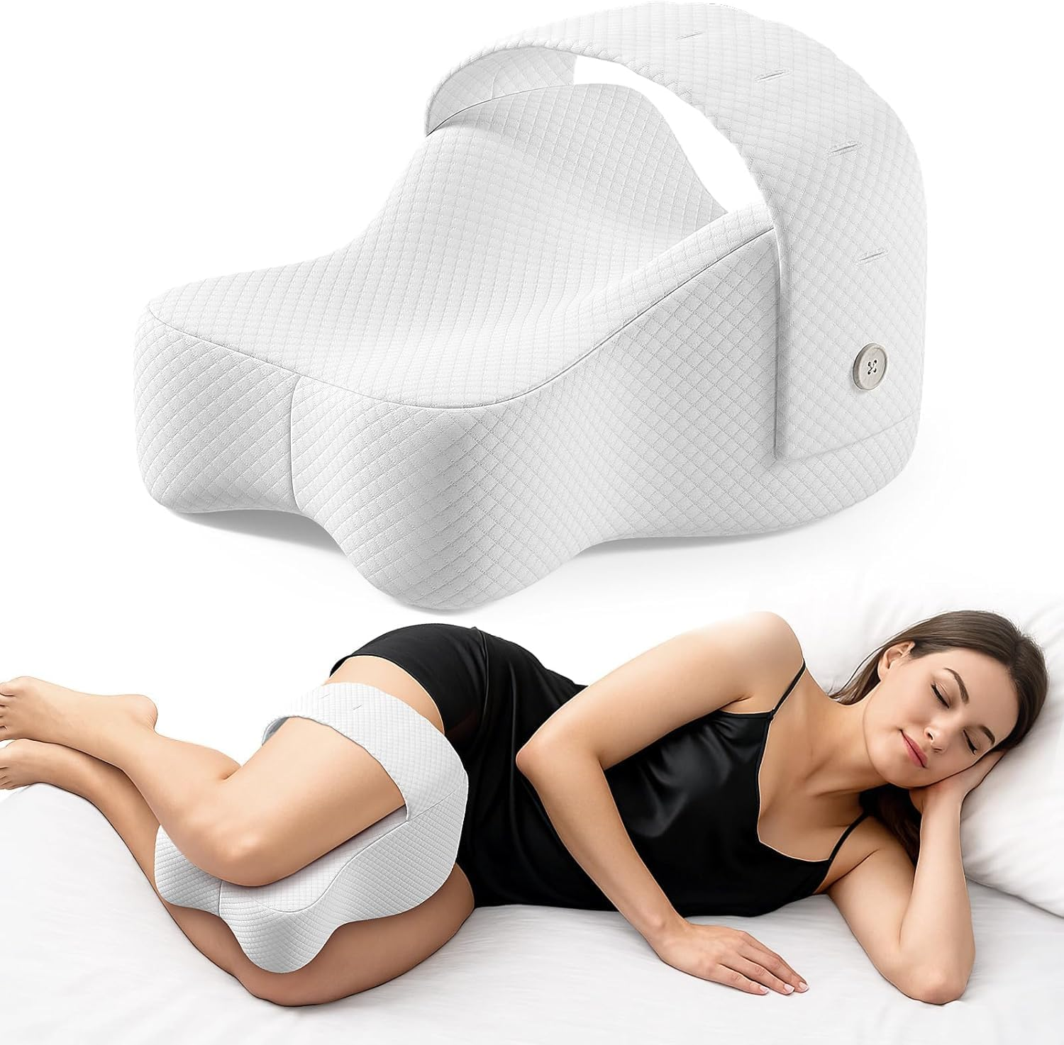 Knee Pillow for Side Sleepers, Large Comfortable Memory Foam Leg Pillow for Side Sleeping, Adjustable Strap, Pillow between Legs Aligns Spine, Relief for Sciatica, Back, HIPS, Knees, Joints (White)