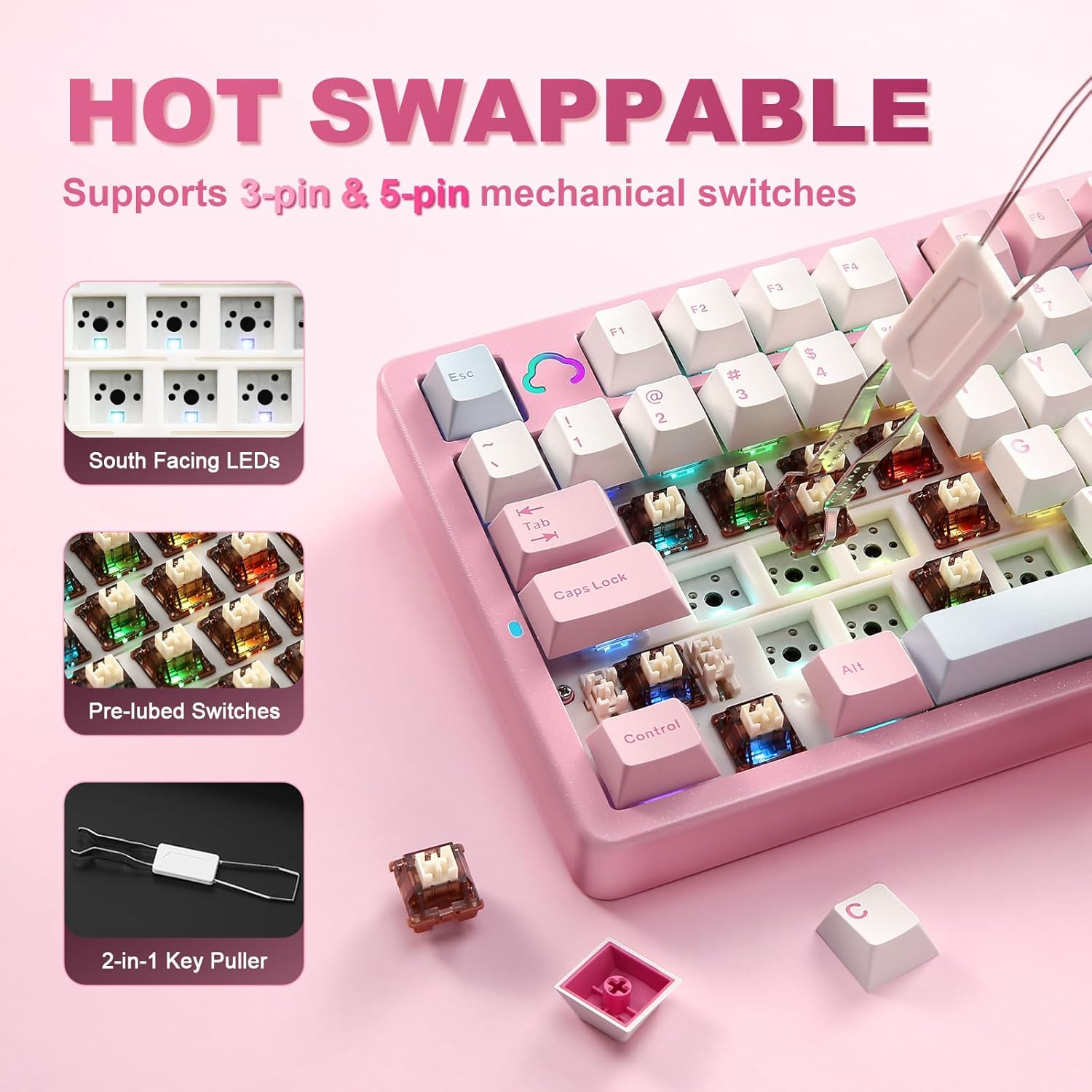 YUNZII AL98 QMK/VIA Wireless Mechanical Gaming Keyboard, Full Aluminum, BT/2.4G/USB-C, Pre-Lubed Hot Swappable Gasket Mount 1800 Layout, RGB Backlit for Win/Mac (Pink, Cocoa Cream V2 Switch)