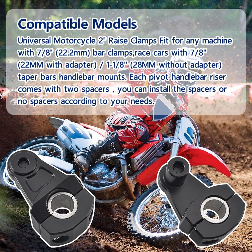 2 Inch Pivot Handlebar Risers Universal Motorcycle for 7/8" (22Mm) Bar Clamps, 2 in Universal Motorcycle Handlebar,Pivoting Handlebar Clamp Risers for 7/8" or 1 1/8 28Mm (Black) 2 PCS - Silvery image number 3
