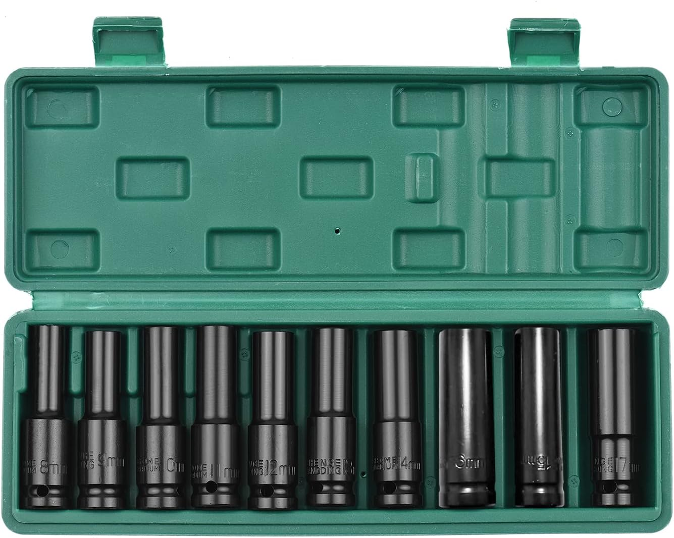 1/2 Inch Drive Hex Impact Socket Set 10-Piece Deep Socket Metric Sizes 10-22Mm and 3/8 Inch Adapter CR-V Material with Hard Storage Box
