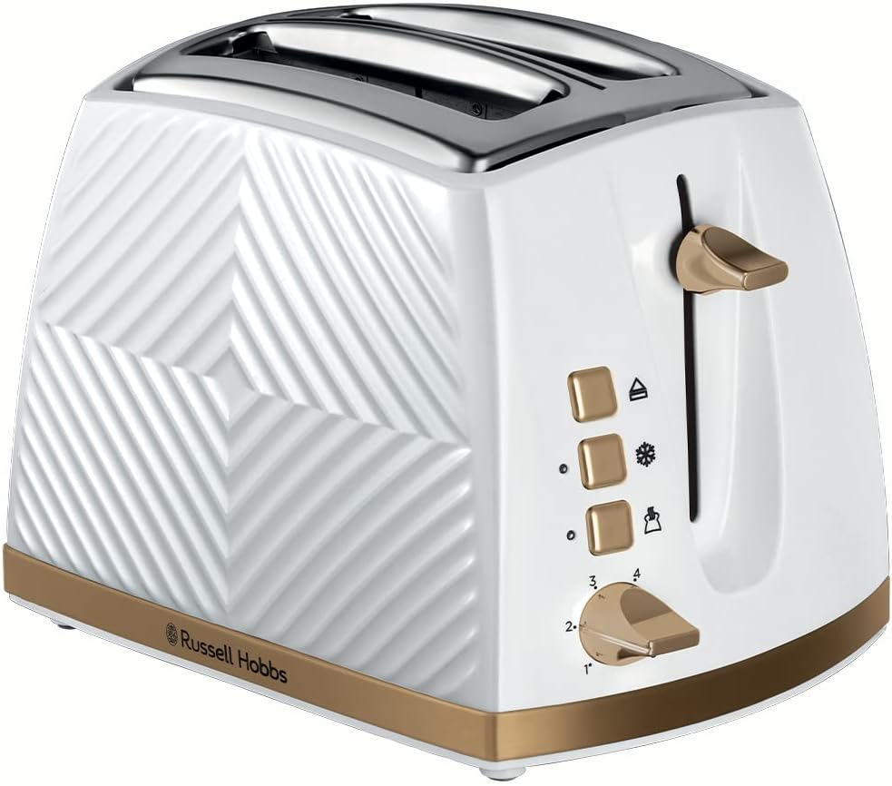 Russell Hobbs Groove 2 Slice Toaster (High Lift, Extra Wide Slots, 6 Browning Levels, Frozen/Cancel/Reheat Function - Illuminated Buttons, Removable Crumb Tray, 850W, Black, Brushed Gold Accents)26390