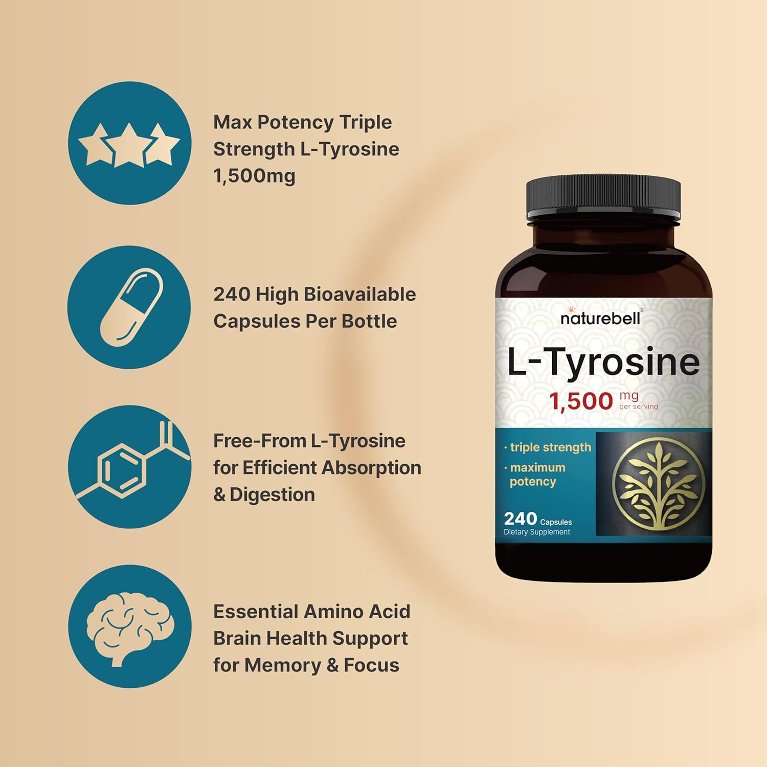 Naturebell L-Tyrosine Capsules, 1000Mg per Serving, 200 Capsules, Support Memory and Cognitive Health, No Gmos. image number 2
