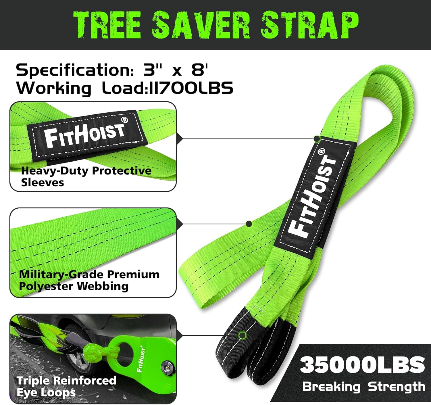 FITHOIST Offroad Recovery Kit, Snatch Block Pulley 10 Ton and Tree Saver Strap 3" X8' and 2Pc Soft Shackle 1/2"X22", Winch Accessories for Car Truck SUV ATV image number 2