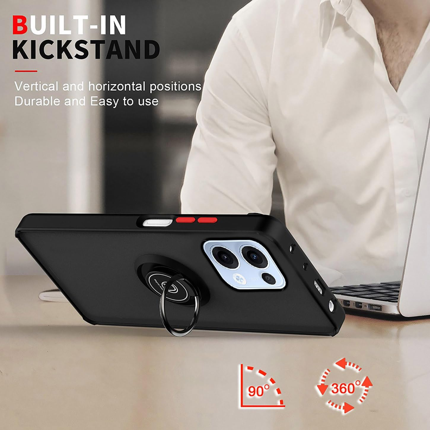 ILING Mobile Phone Case for Oppo Reno 13 5G, Ultra Thin Shockproof Translucent Matte Hard PC Back Case, Soft Silicone TPU Bumper Protective Case with Ring Stand (Black)