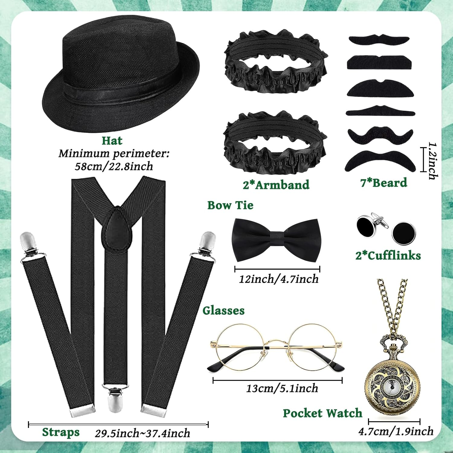 8PCS 1920S Gatsby Costume Accessory Set, 20S Costume Set with Hat, Bow Tie, Pocket W-Atch, Suspenders, Glasses for Men Adults Cosplay Party Supplies Dress Up