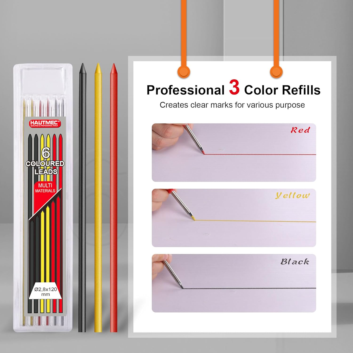 HAUTMEC Solid Carpenter Pencil with 6 Refills, Long Nose Deep Hole Mechanical Pencil Marker with Sharpener for Woodworking Architect Construction (Black, Yellow, Red) HT0293 image number 1