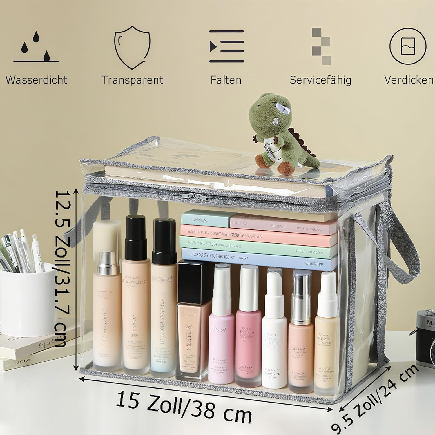 MIUPOO Large Cosmetic Bag, Waterproof, Toiletry Bag, Transparent, Make up Bag, Portable, Waterproof Makeup Training Box, Large Capacity Cosmetic Bag, Portable, Travel Make up Bag image number 3