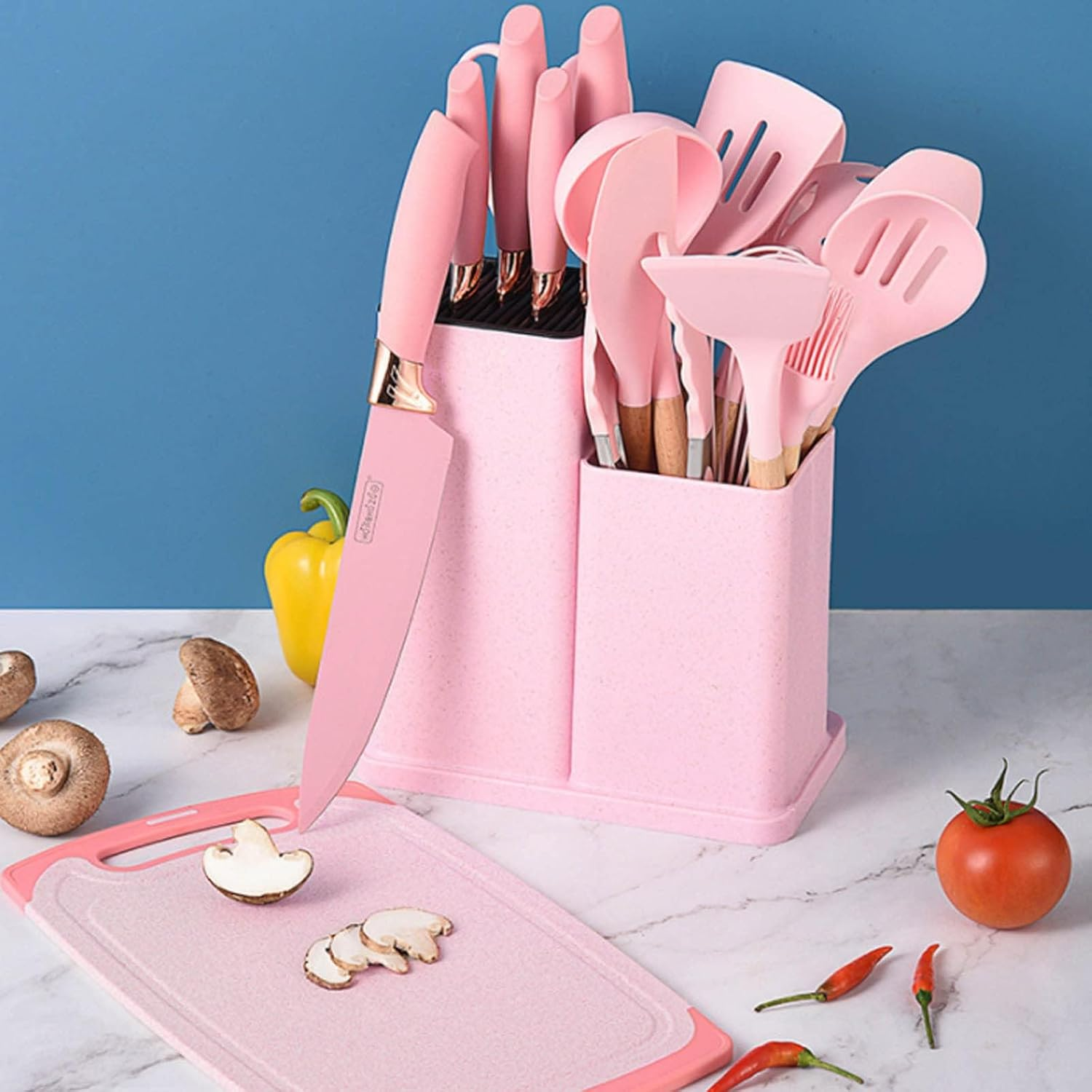 Kitchen Knife Set with Block, Retrosohoo Pink 19PC Silicone Kitchen Utensil Set and Stainless Steel Knife Set, Non-Stick Sharp Chef Knife and Cooking Utensils Set for Women Family (Pink) image number 4