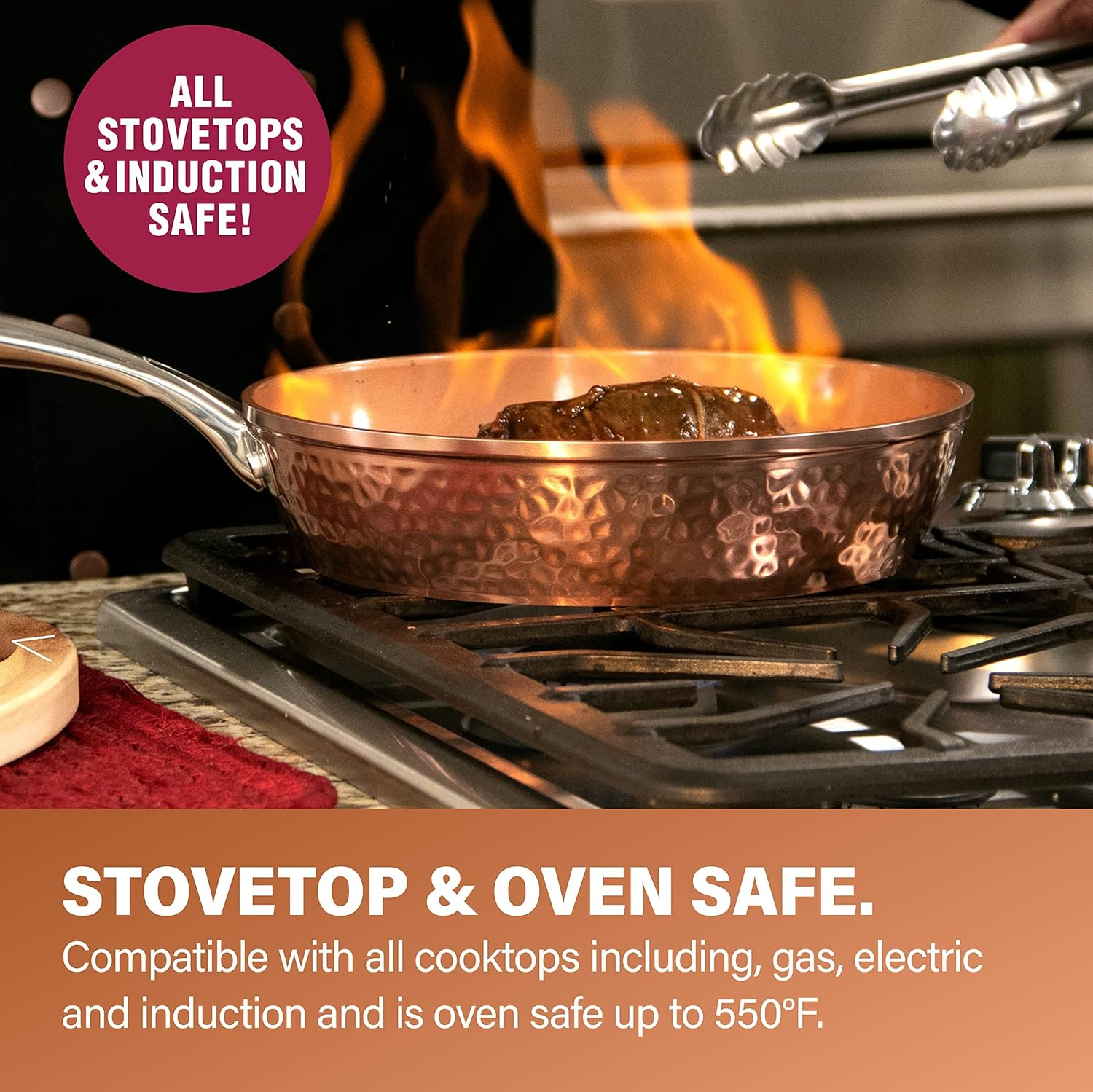 Gotham Steel Hammered Copper Collection &ndash; 20 Piece Premium Pots and Pans Set Nonstick Ceramic Cookware + Bakeware Set for Kitchen, Induction/Dishwasher/Oven Safe, Healthy and Non Toxic image number 4