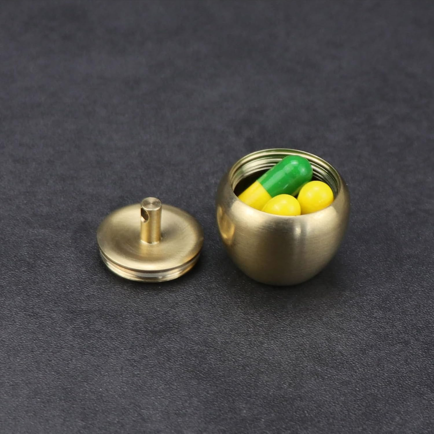 Keychain Pill Box Organiser, Waterproof Pill Holder with Lobster Clasp Clip, Portable Pill Container for Travel Pocket Purse, Cute Apple Shape Pendant for Necklace, Small EDC Pill Case with Keyring for Outdoor/Daily/Emergency (Apple-Brass) image number 4