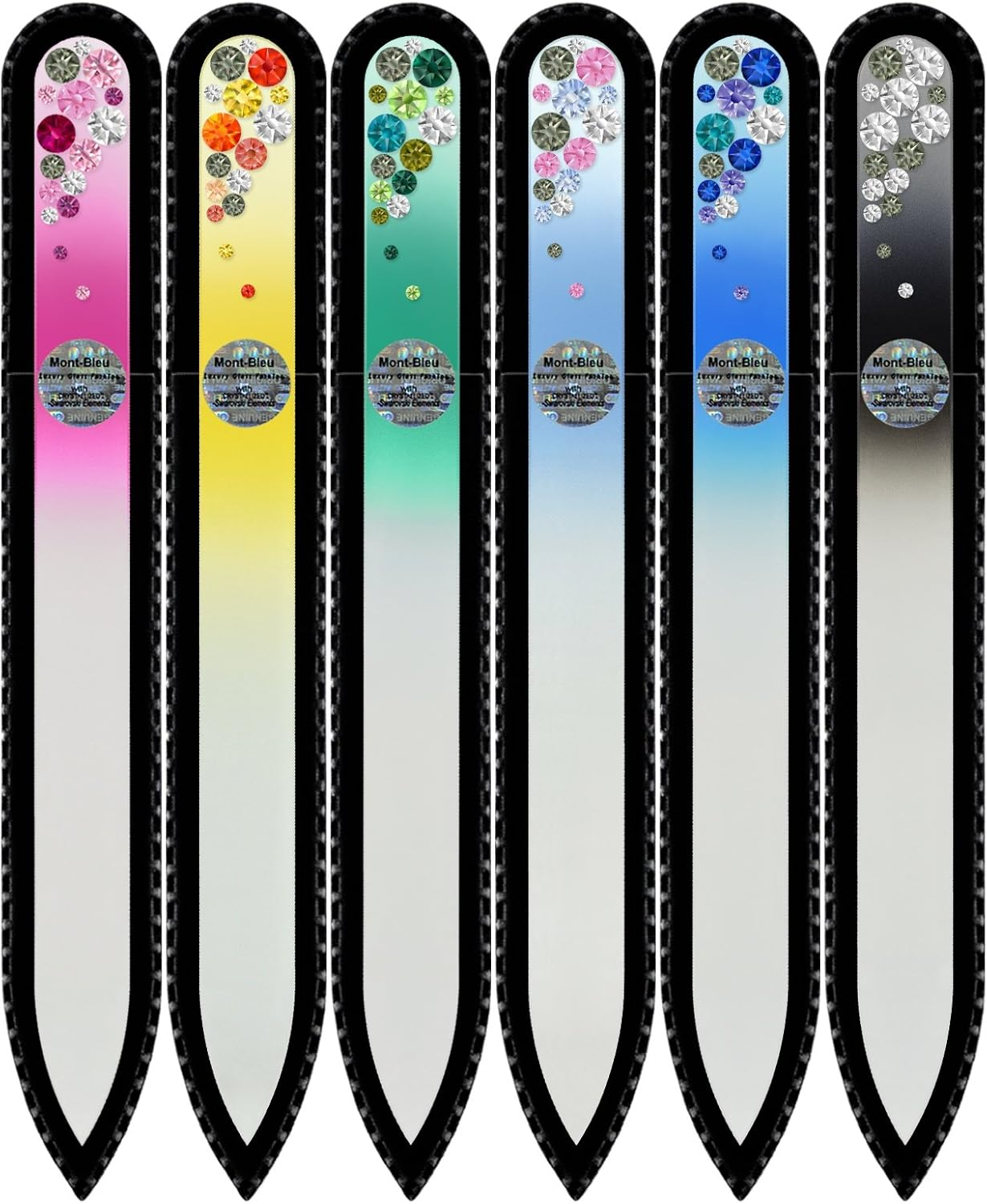 Mont Bleu Gift Set of 5 + 1 Free Glass Nail Files Hand Decorated with Crystals from Swarovski - Handmade - Czech Tempered Glass - Lifetime Guaranty - Best Gifts for Women - Nail File