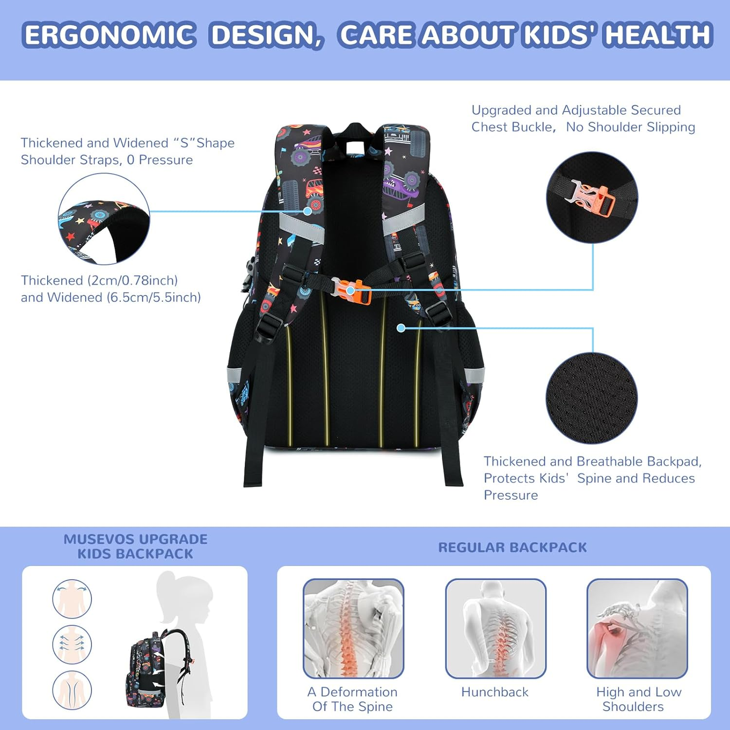 MUSEVOS Kids Backpack, Kawaii Printed Girls Boys Bookbags for Preschool, School Backpack for Elementary and Kindergarten image number 4