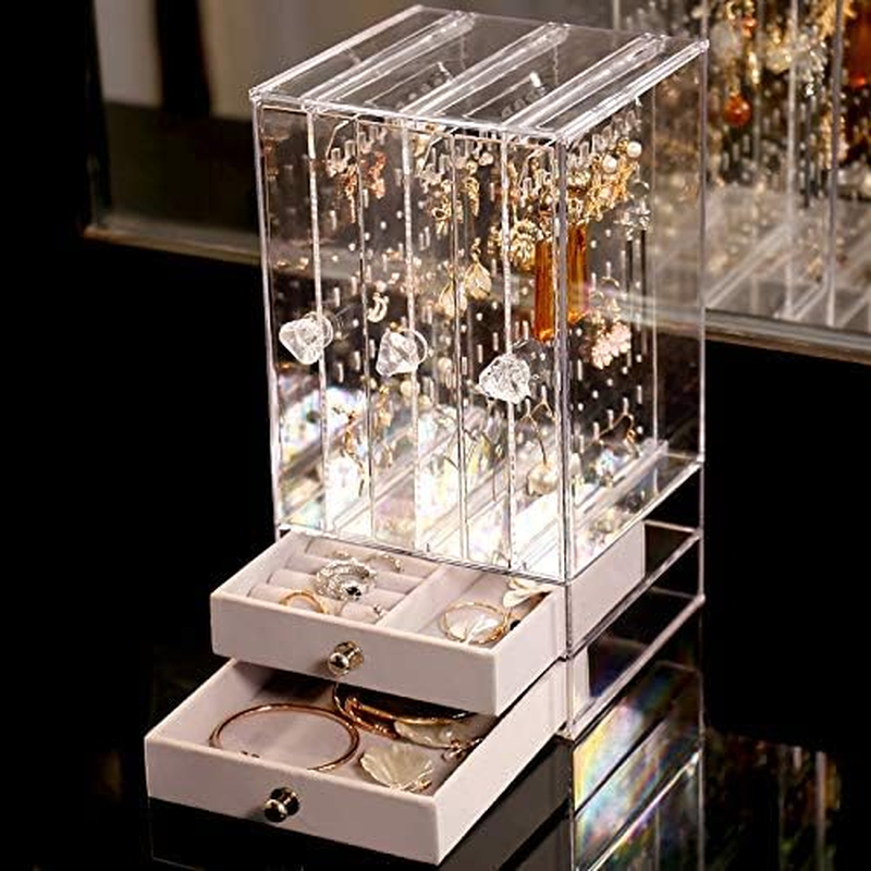 Sooyee Acrylic Earring Holder and Jewelry Organizer with 5 Drawers,Dustproof Jewelry Stand Rack Display Classic for Necklaces Bracelet Earrings and Ring,Clear image number 1