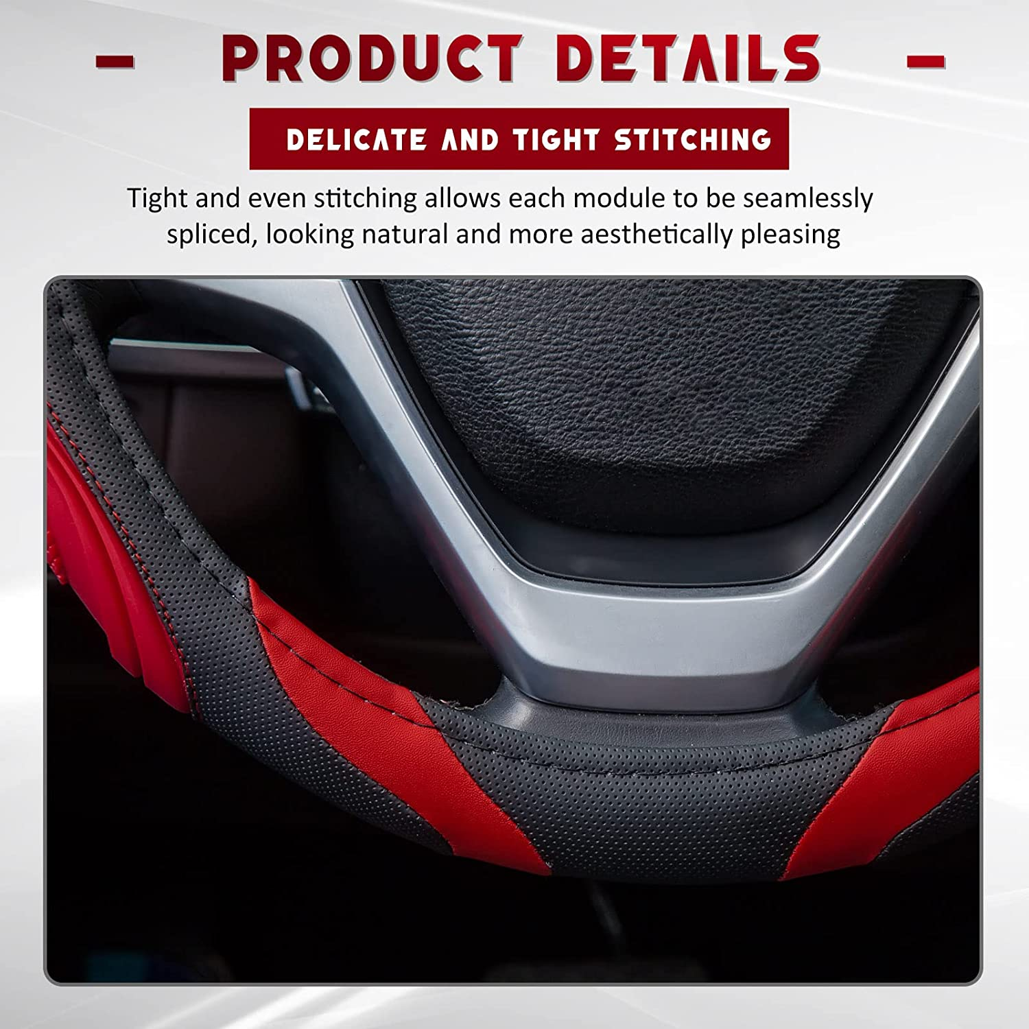 XCBYT Steering Wheel Cover - 14.5-15 Inch Car Microfiber Leather Steering Wheel Wrap Black Red Sports Fan Design Non-Slip for Man Women image number 2