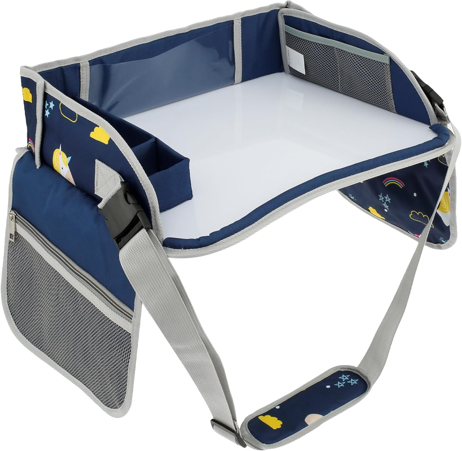 Fwqofvk Car Seat Tray, Kids Travel Tray for Car, Easy to Install Car Seat Table Tray, Portable Car Lap Tray with Adjustable Shoulder Strap and Pocket for Kids Road Trip Activities (Pink)