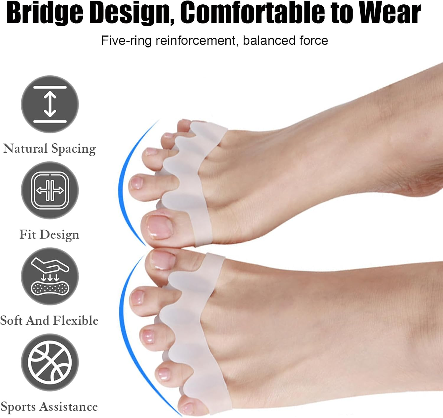 Vonzuda 2 Pairs Toe Separators for Women and Men，Soft Gel Toe Spacers to Correct Bunion, Relieve Feet Pain, Foot Alignment, Toe Straighteners for Hammer & Claw Toes, Plantar Fasciitis (Black+White) image number 1