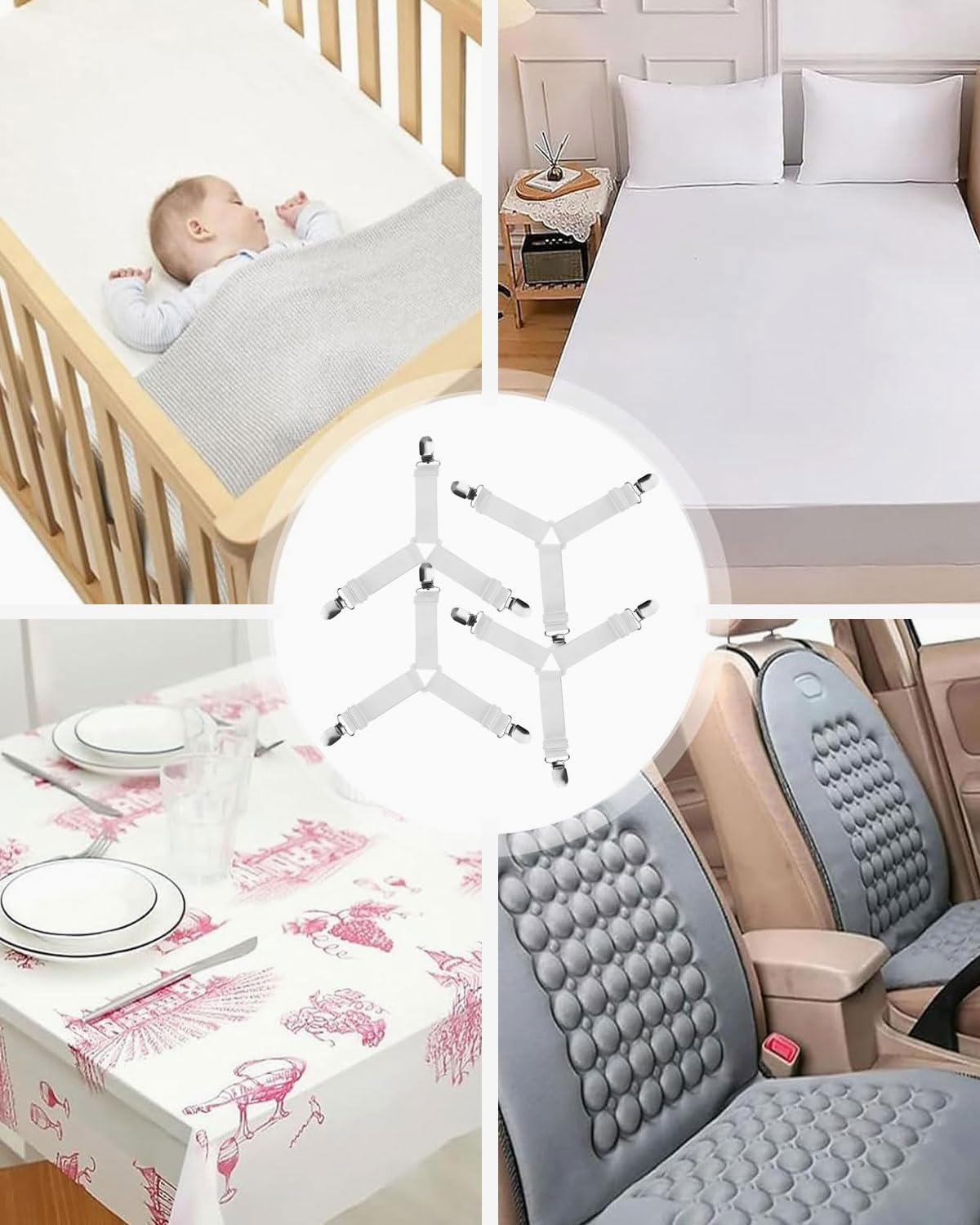 JUKOTA Bed Sheet Tensioners, Pack of 4 Adjustable Bed Sheet Tensioners, Elastic Bed Sheet Tensioners, Fitted Sheet Tensioners, Bed Sheet Tensioners, Bed Sheet Tensioners with Clip for Bed Linen