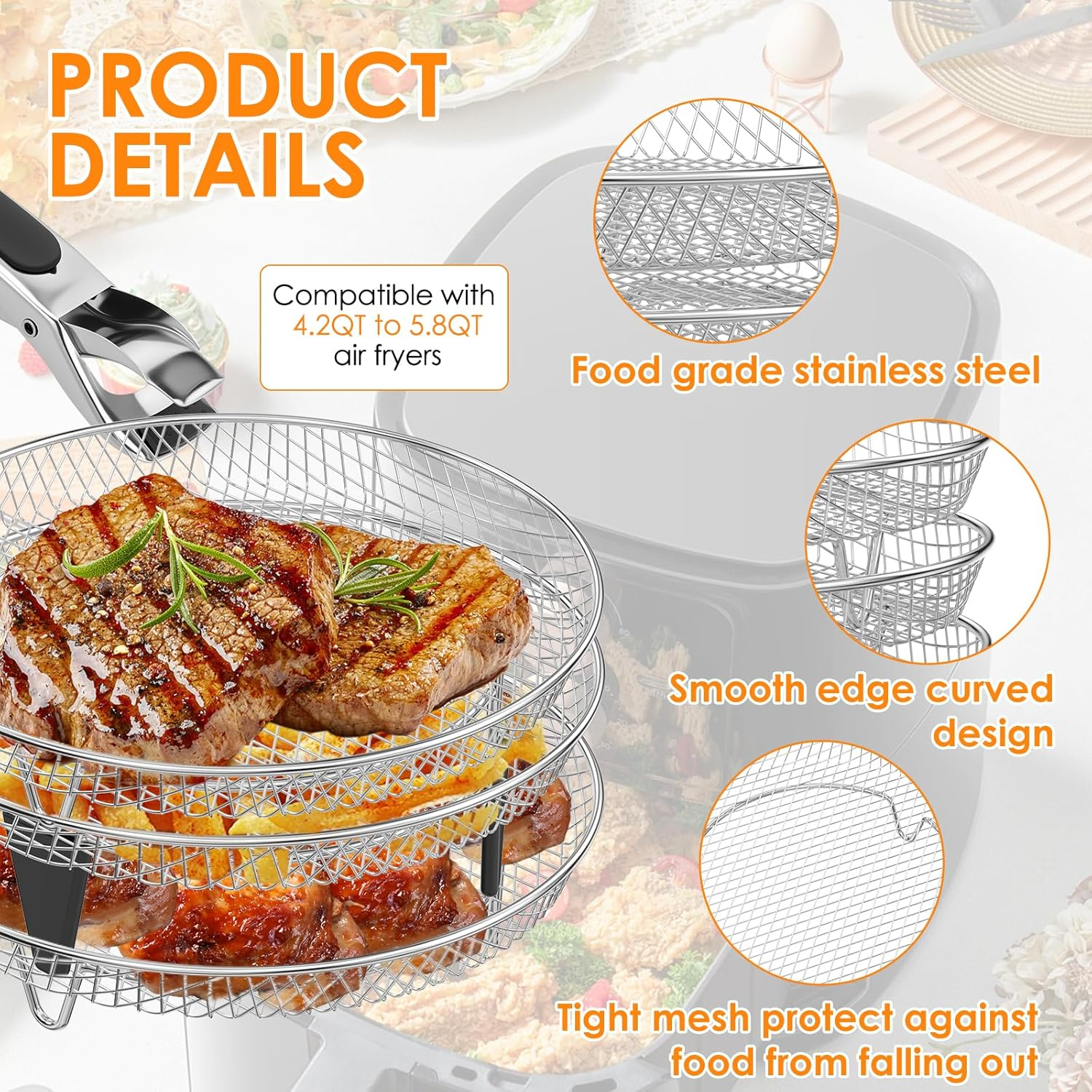 3 Layer Air Fryer Accessories Rack round Stainless Steel Air Fryer Dehydrator Rack Stackable Multifunctional Air Fryer Basket with 8 Silicone Feet 1 Anti-Scald Clip for 4.2-5.8 QT Air Fryer Baking image number 4
