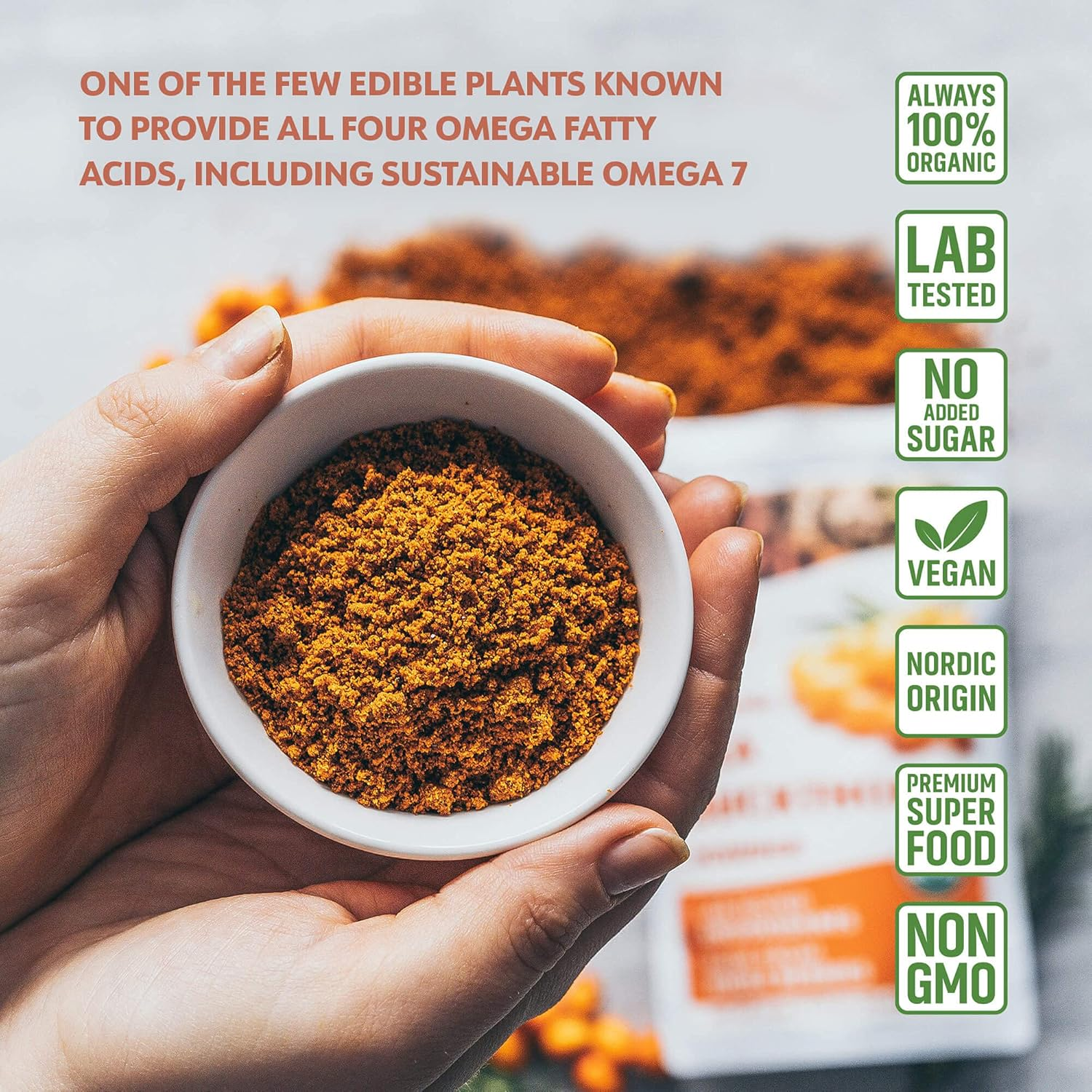 LOOV Organic Sea Buckthorn Powder, High in Fiber, Made from 100% Whole Berries, 4 Ounces, Grown in Nordic Climate, Rich in Omega Blend, Vitamin C, Vitamin E, 23-Day Supply, No Added Sugar, Non-Gmo image number 1