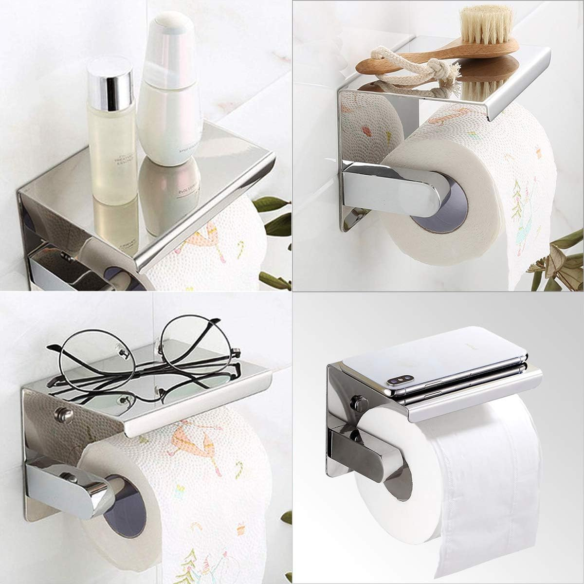 TOWOMO Toilet Paper Roll Holder with Shelf, Two Installation Methods Drill or No Drilling Adhesive Wall Mounted SUS304 Stainless Steel Tissue Dispenser image number 2