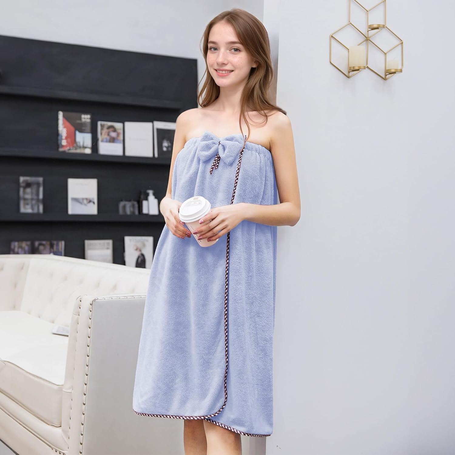 GOSCHE Bath Wrap for Women, Adjustable Shower Wrap Towel with Home Hotel Bath Towel Nightgown for Sauna Beach Pool Gym Travel - Blue XL image number 6