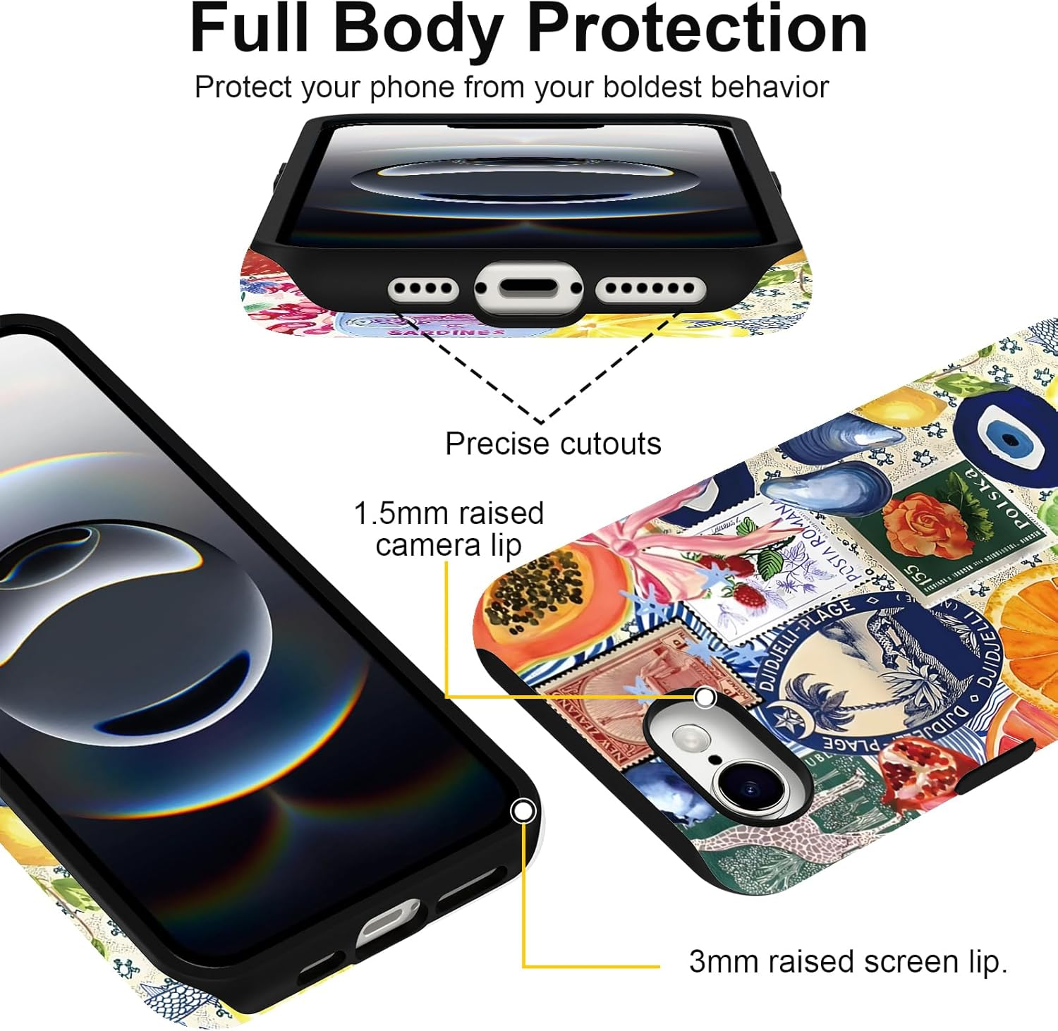 Yirlbey Mobile Phone Case for Iphone 16E Case 6.1 Inches, Aesthetic Summer Collage Fruit Pattern Design for Girls Protective Case Dual Layer Shockproof Soft Colourful Silicone TPU Bumper Case, Retro image number 5