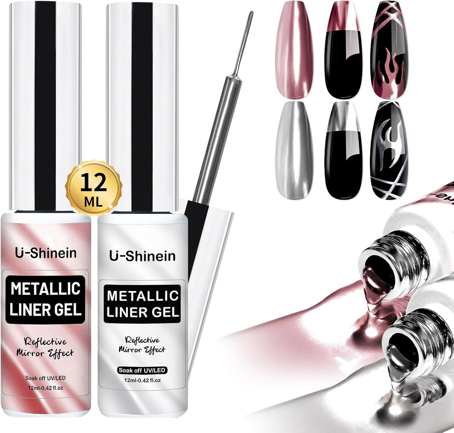 U-Shinein Metallic Mirror Painting Gel Nail Polish, Ultra Mirror Silver & Gold Metal Painted Drawing Gel with Build in Thin Brush, Chrome Gel Polish Nail Art Gel Liner Soak off DIY Nail Art 2X12 Ml