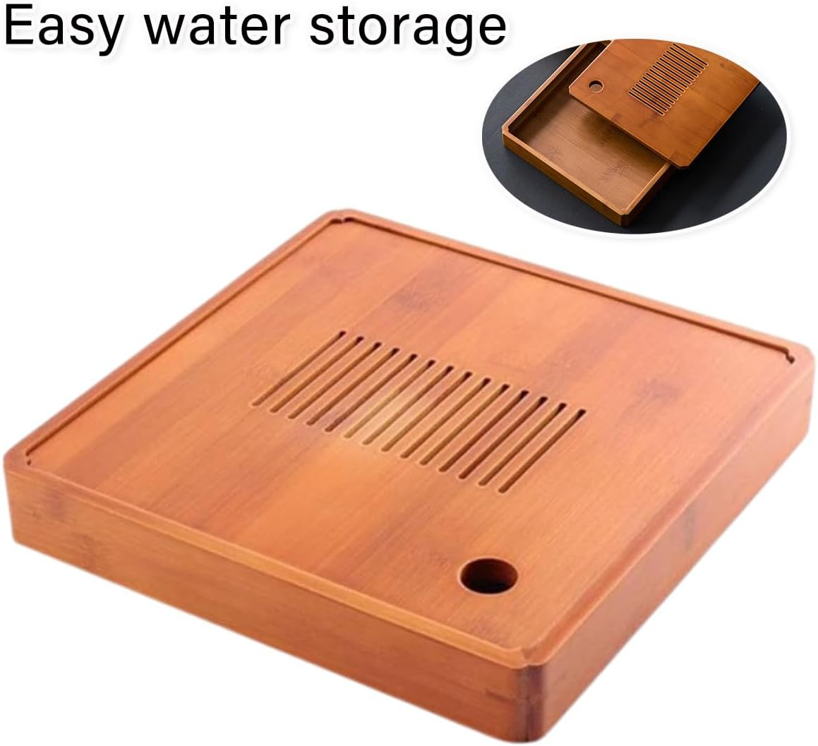 AIMALL Square Bamboo Tea Tray 9X9X1.4In Solid Wood Kung Fu Tea Set Tray for Storing Water and Serving, Durable Exquisite Design for Small and Large Tea Tables image number 2