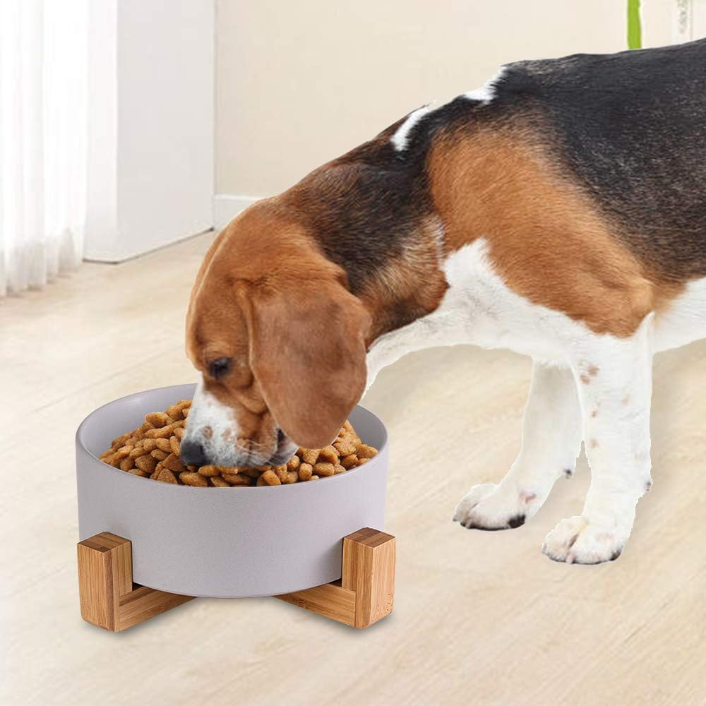 Grey Ceramic Dog Bowls with Wood Stand, Dog Water Bowls and Food Dish, Heavy Weighted or No Tip over Dog Comfort Food Bowls, Stoneware Pet Bowl,Extra High Capacity 8.4" Diameter, for Large Dogs - Grey image number 6