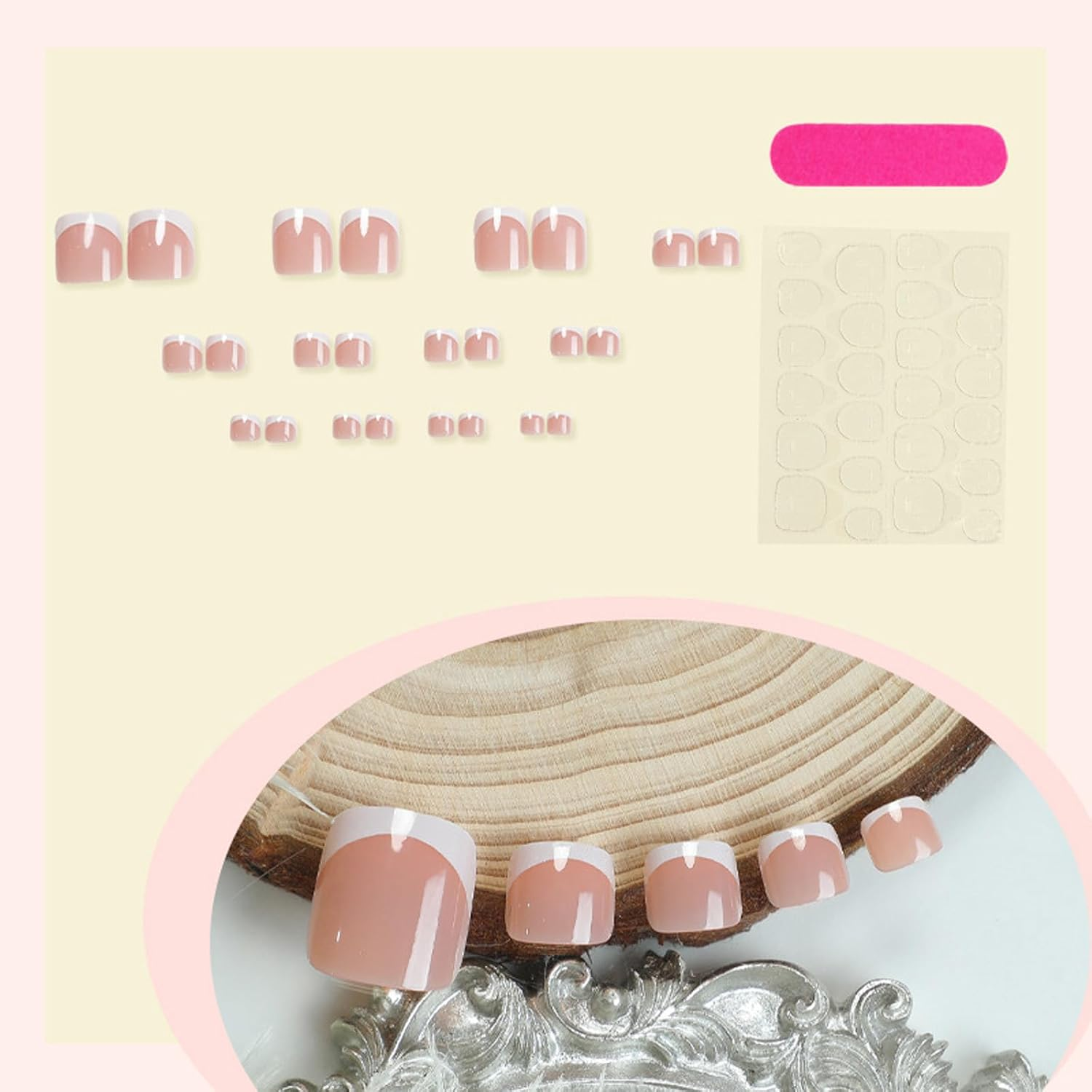 Press on Toenails 24Pcs Reusable French Tip False Toe Nails - Natural Looking Full Cover Artificial Nails for Women, Manicure & Pedicure, Daily Use, Party, Wedding
