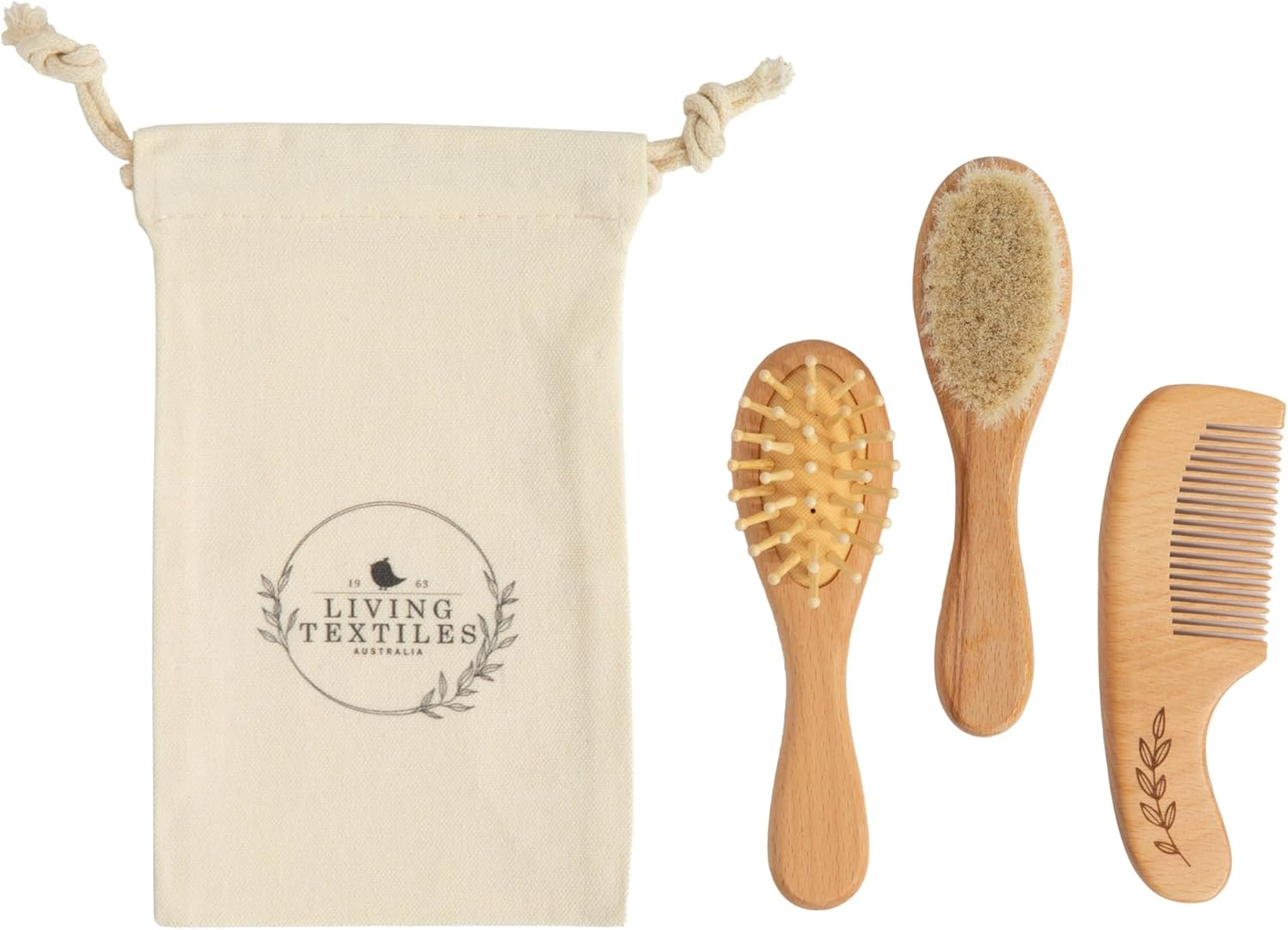 Living Textiles Soft Baby Hair Brush & Comb 3-Piece Set - Natural Goat Hair & Beechwood, Scalp Stimulating Bristles, Gentle Detangling, Gift-Ready with Cotton Storage Bag, Newborn & Infant image number 4