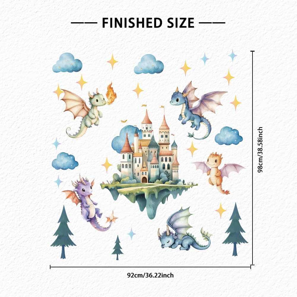 SUPERDANT Flying Dragon Wall Stickers Cartoon Castle Wall Decor Nursery Stickers Dragon DIY Vinyl Murals Peel and Stick Wallpaper Art Decals for Kids Room Playroom Livingroom Baby Room Decor image number 6