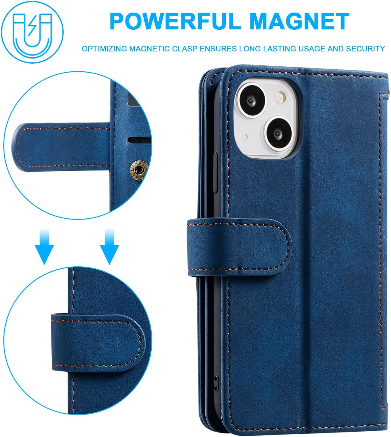 UEEBAI Wallet Case for Iphone 13, Retro 9 Card Holder Slots Zipper Pocket Handbag Case PU Leather Magnetic Closure Kickstand with Wrist Strap TPU Shockproof Flip Case - Blue image number 2