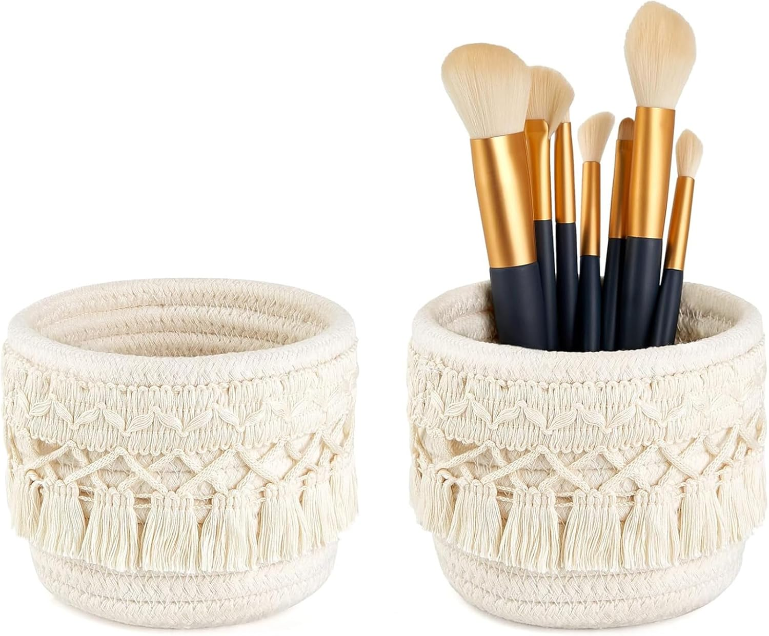 Macrame Makeup Brush Holder Organizer &ndash; Set of 2 Boho Decor Baskets for Pen, Pencil, and Makeup Brushes Storage, Ivory image number 2