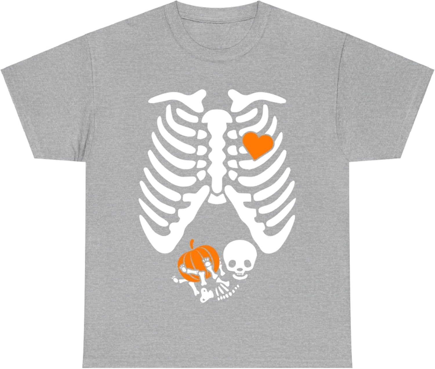 Maternity Skeleton Baby Pumpkin Heart Halloween Pregnancy Announcement T-Shirt for Adults Crew Neck Short Sleeve Tee Shirt image number 1