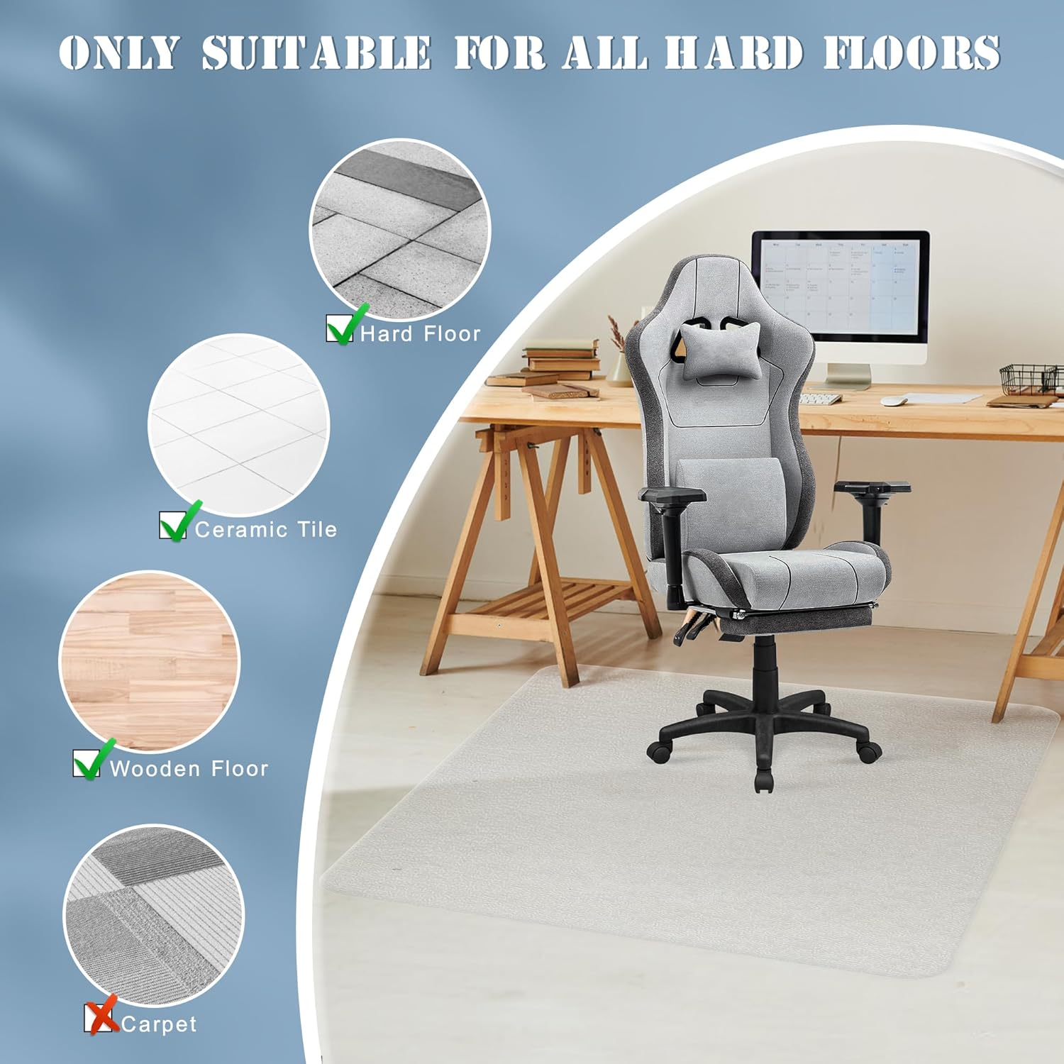 Office Chair Mat for Hard Wood Floors, Inches Clear Floor Mat for for Rolling Chairs, Heavy Duty Wood/Tile Floor Protectors for Home Office, Anti-Slip, Easy to Clean image number 4