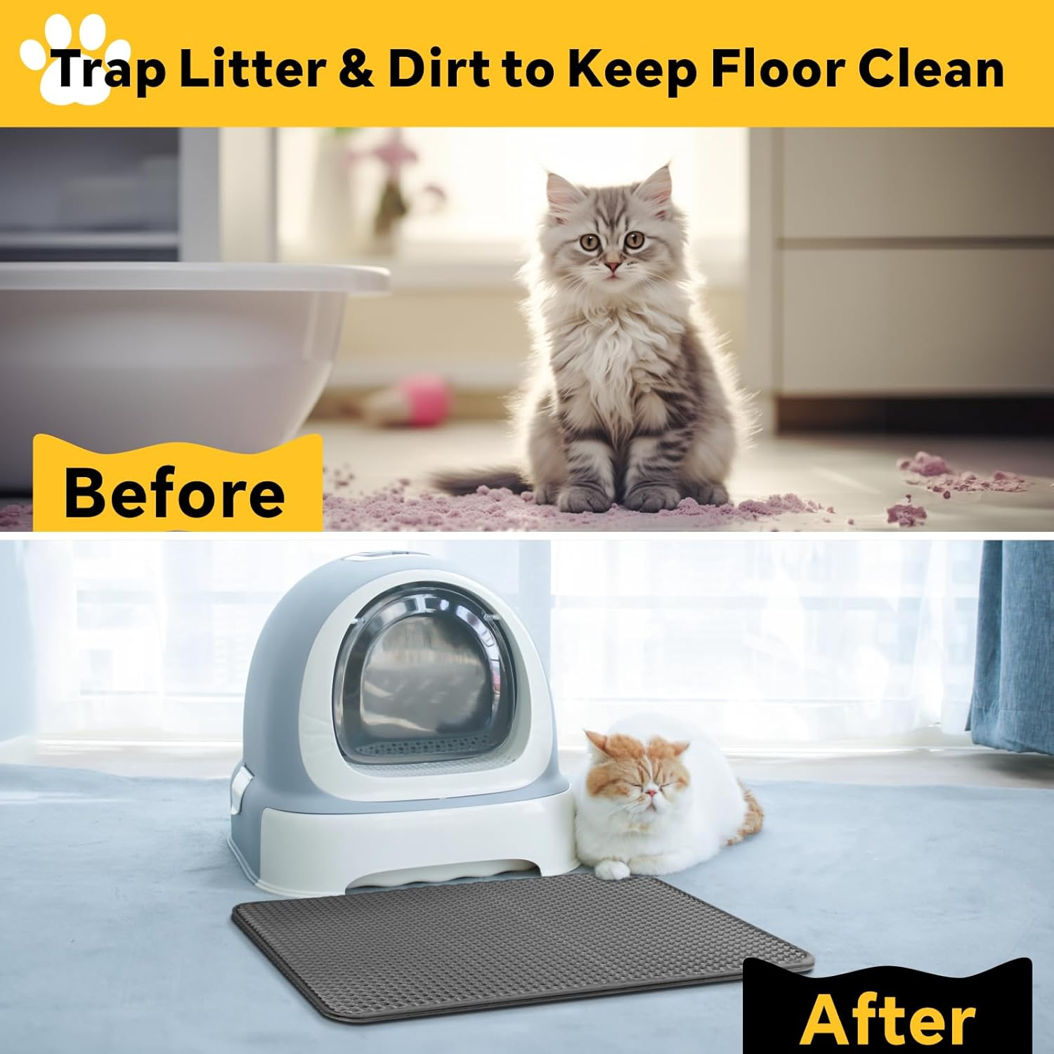 Baytion Cat Litter Mat, Litter Tray Mat 60 X 44 Cm for Cat Litter Box and Cat Toilet, Double Layer Trapping Mat, Big Honeycomb Holes, Waterproof Urine Proof, EVA Material BPA Free (Gray） image number 6