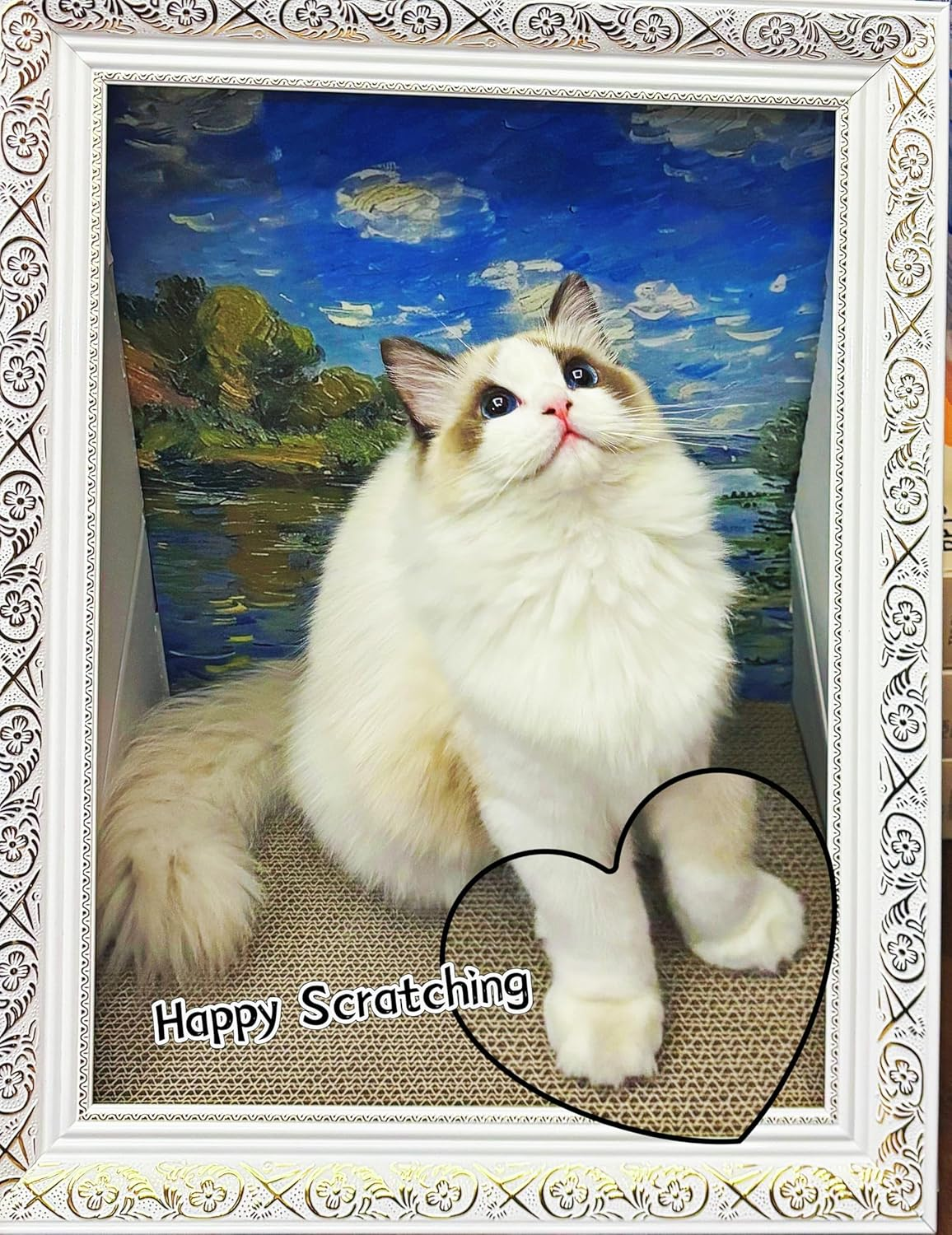 Cat Scratcher Bed, Durable Scratching Cardboard for Indoor Cat House, Artistic Oil Painting with Durable Scratcher Pad Surface for Cats, Cat Condo with Scratcher Pad, Scratch Furniture (Gold) - Gold image number 4