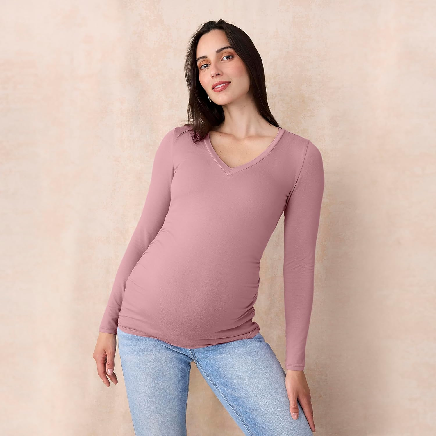 Motherhood Maternity Women'S Maternity Long Sleeve V-Neck Side Ruched Tee Shirt image number 4